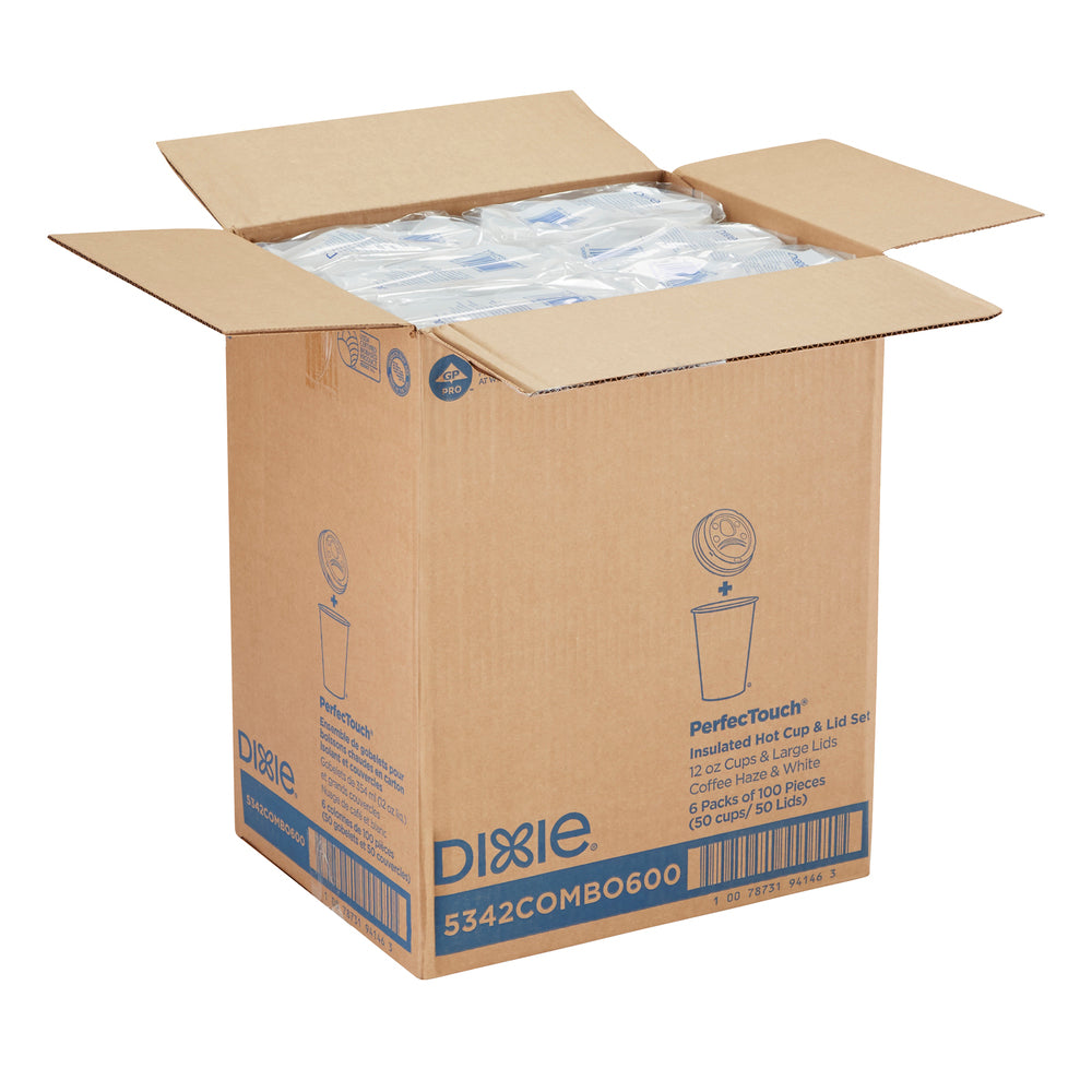ערכות כוסות ומכסים קפה חם מנייר מבודד DIXIE® PERFECTOUCH® 12 OZ מבית GP PRO, קפה ערפל קפה, 300 כוסות ו -300 מכסים לכל מארז