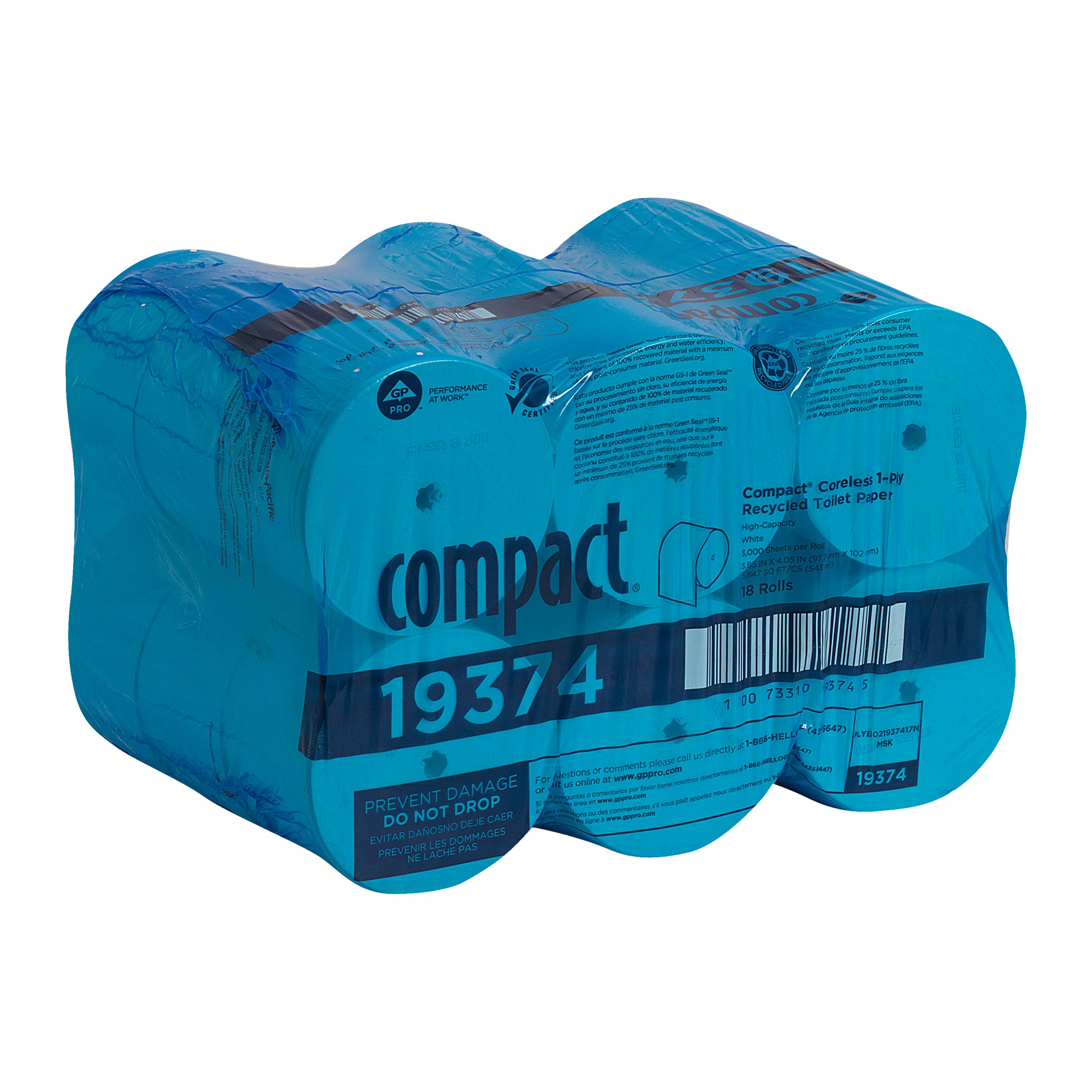 נייר טואלט ממוחזר חד שכבתי Compact® ללא ליבות, לבן, (18 גלילים של 304.80 מטרים סהכ 5486.40 מטרים) 54,000 גליונות למארז