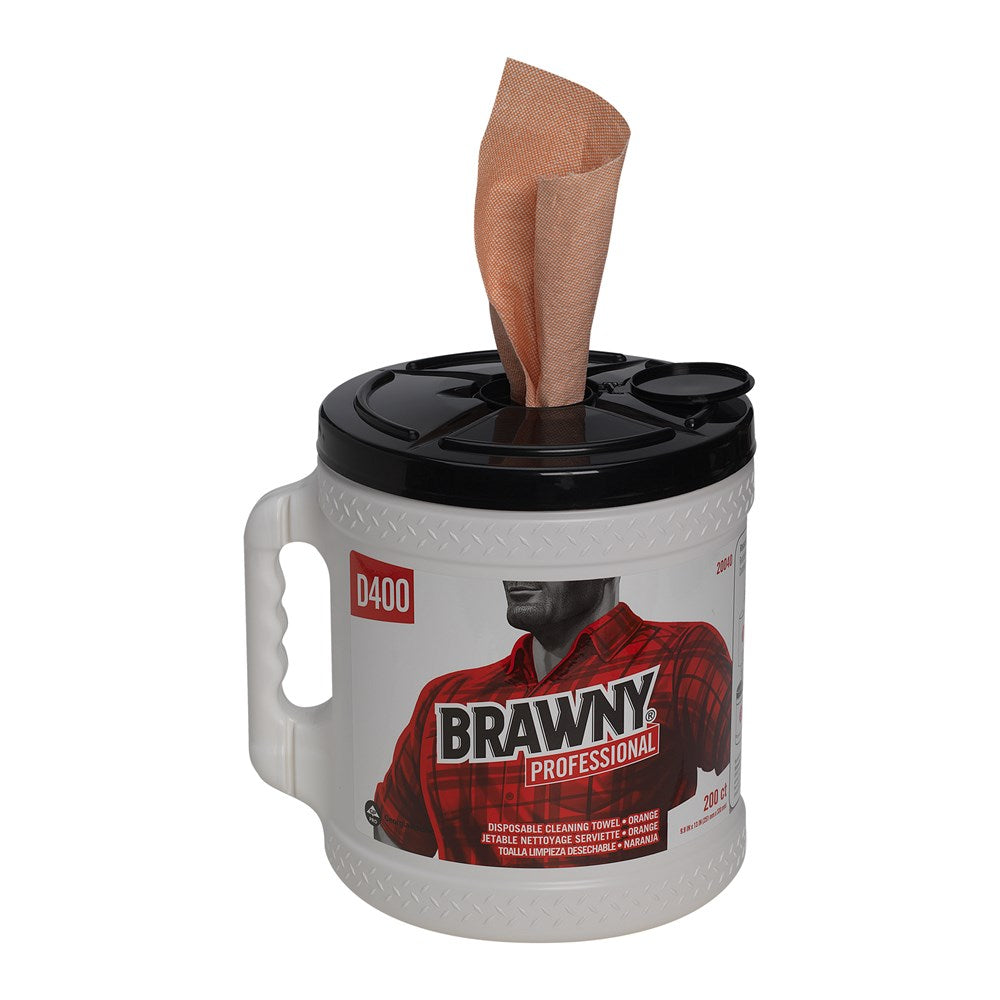 מגבות ניקוי חד פעמיות BRAWNY® PROFESSIONAL D400, גליל מרכזי עם דלי, כתום(2 דליים של 200 מגבות סהכ 400 מגבות)