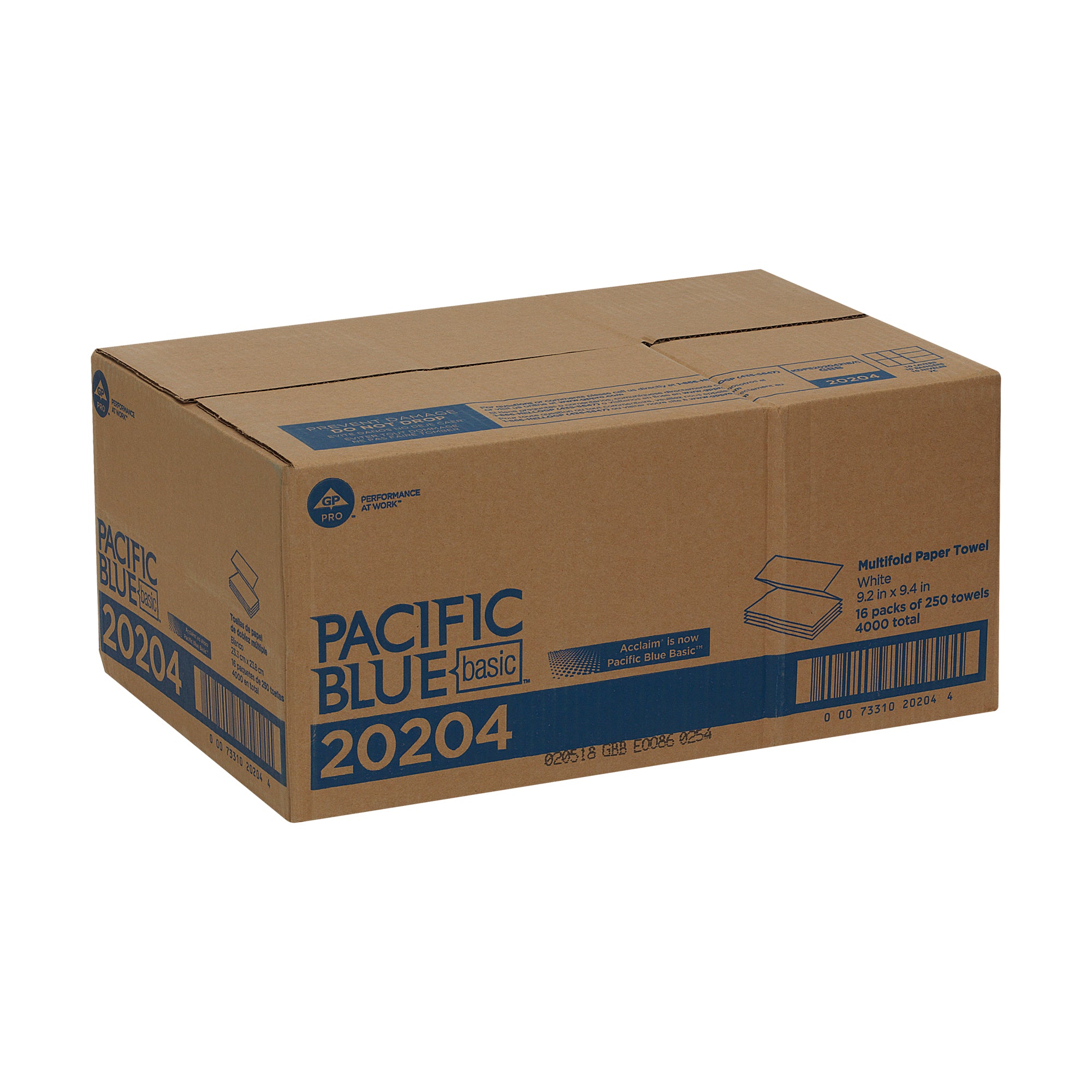 מגבת נייר PACIFIC BLUE BASIC™ חד שכבתית מרובת קפל מבית GP PRO (ג'ורג'יה פסיפיק), לבן, 4,000 מגבות לכל מארז