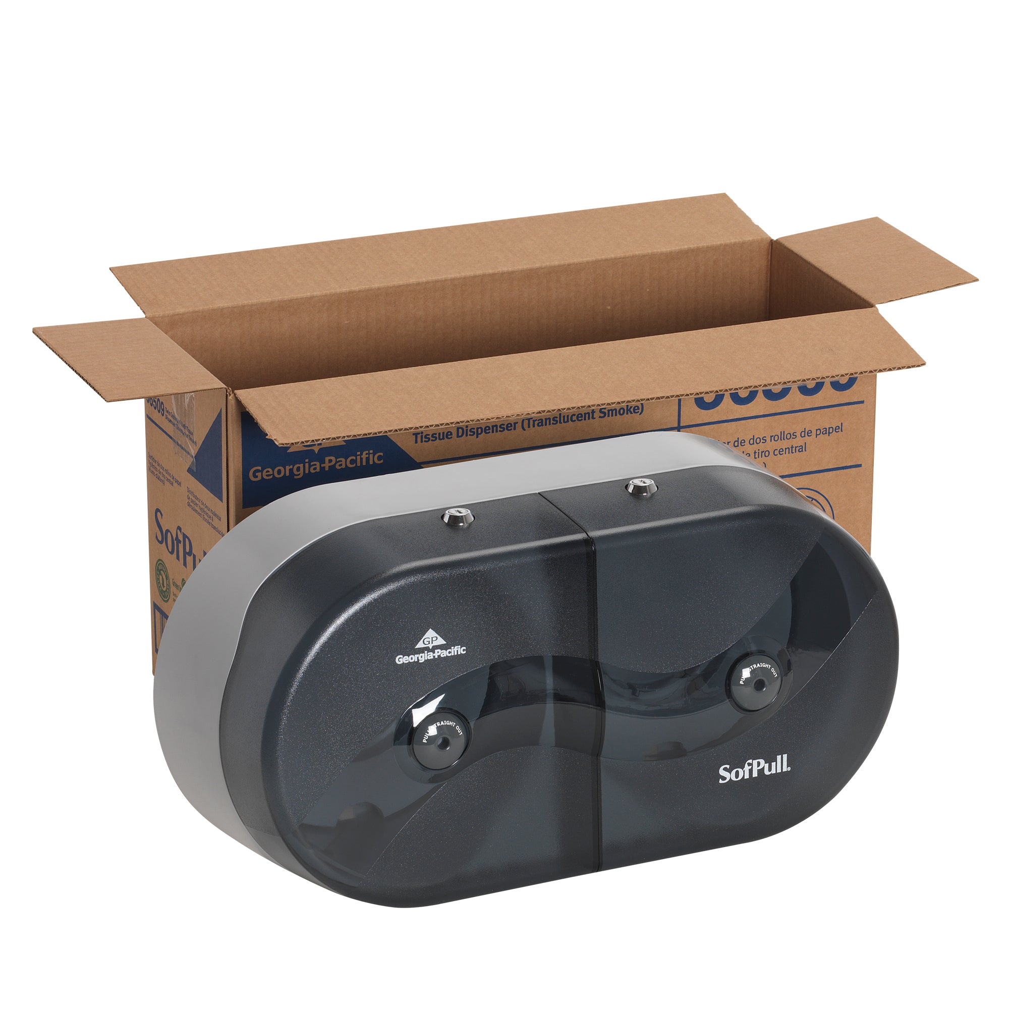 מתקן נייר טואלט בעל קיבולת גבוהה של SOFPULL® עם שני גלילים זה לצד זה מבית GP PRO (ג'ורג'יה פסיפיק), עשן, מתקן אחד