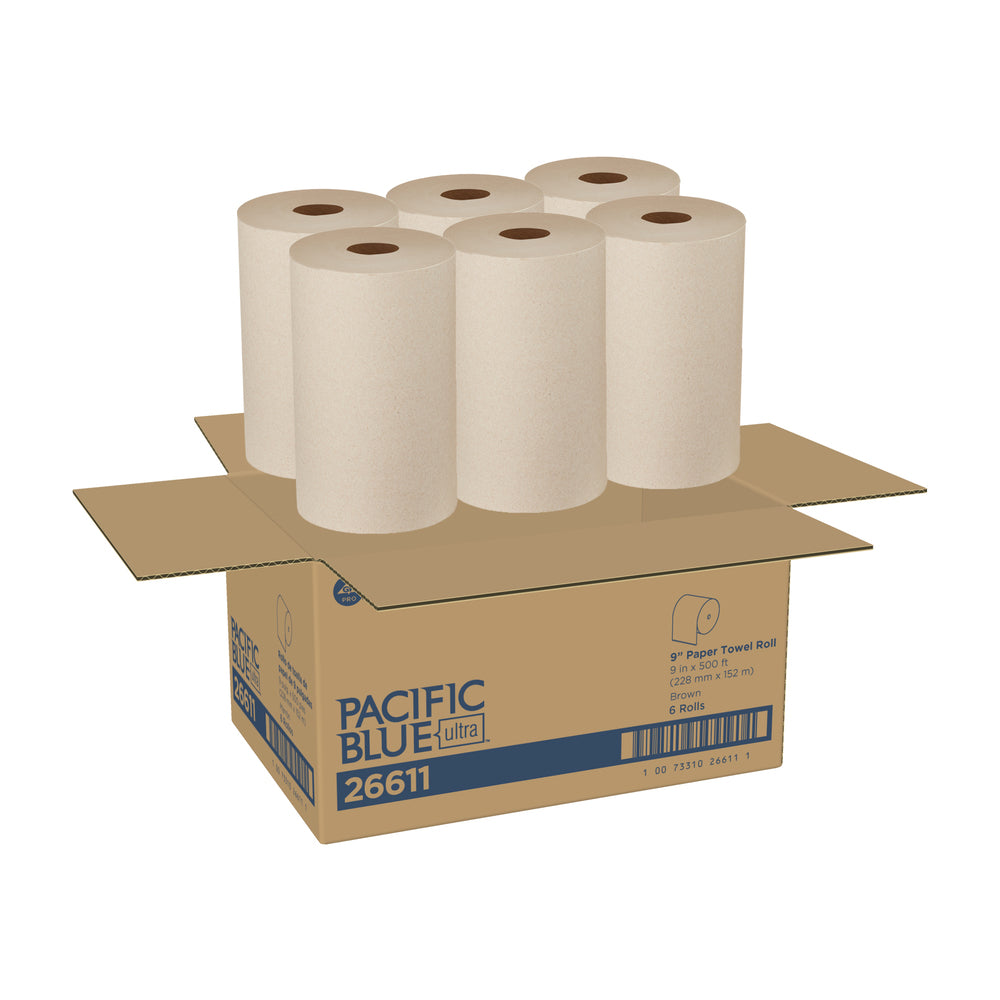 גלילי מגבות נייר 9 אינץ' מסדרת Pacific Blue Mini™ מבית GP PRO (ג'ורג'יה פסיפיק), חום, (6 גלילים של 152.40 מטרים סהכ 914.40 מטרים)