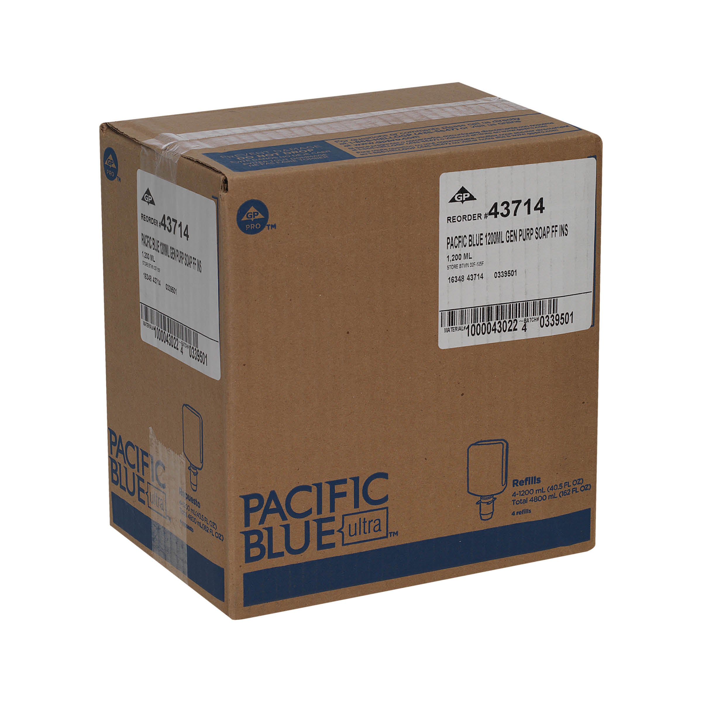 סבון ידיים מוקצף עדין PACIFIC BLUE ULTRA™ למתקנים ידניים מבית GP PRO, נטול ריח, ללא צבע, (4 בקבוקים של 1,200 mL סהכ 4,800 mL)