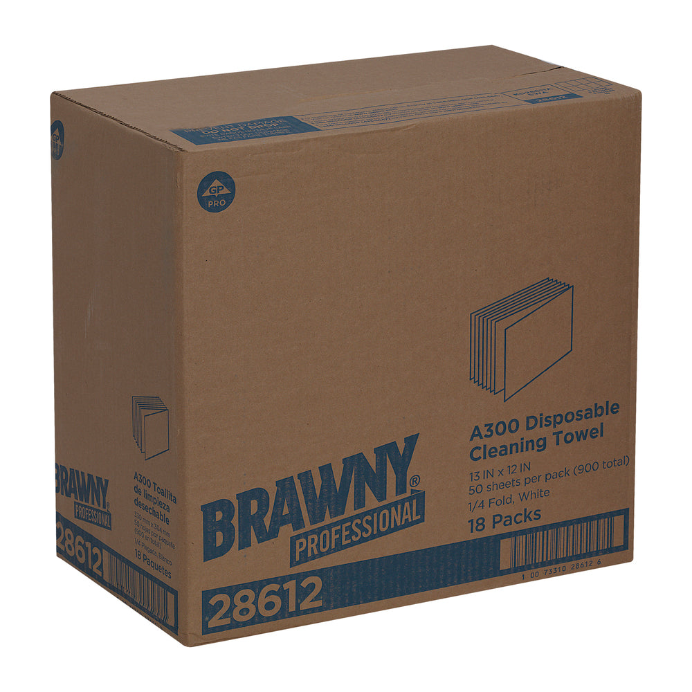 מגבת ניקוי חד פעמית GP PRO BRAWNY מקצועית A300, קיפול 1/4, לבן, (18 חבילות של 50 סהכ 900 מגבות)