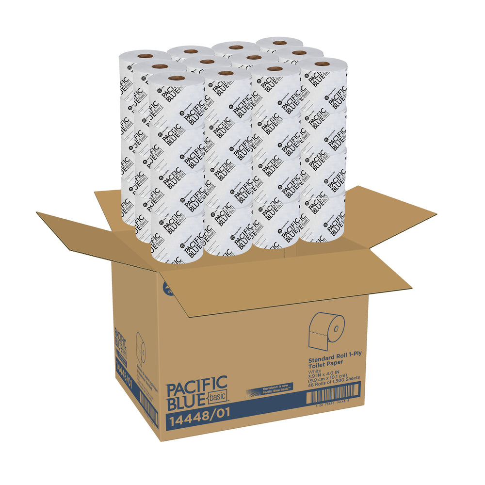 נייר טואלט סטנדרטי עם גליל חד שכבתי PACIFIC BLUE BASIC™ מבית GP PRO (ג'ורג'יה פסיפיק), (48 גלילים של 152.40 מטרים סהכ 7315.20 מטרים) 72,000 גליונות למארז