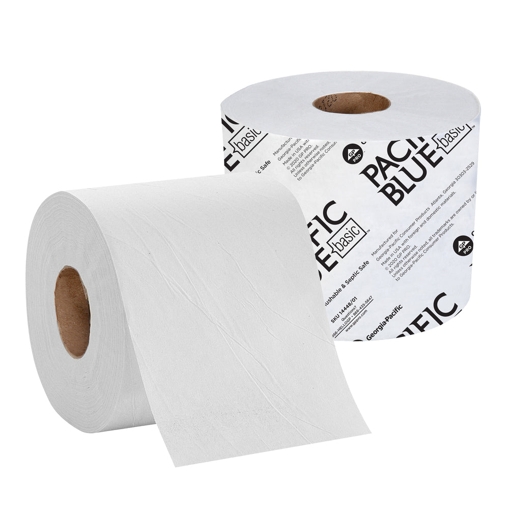 נייר טואלט סטנדרטי עם גליל חד שכבתי PACIFIC BLUE BASIC™ מבית GP PRO (ג'ורג'יה פסיפיק), (48 גלילים של 152.40 מטרים סהכ 7315.20 מטרים) 72,000 גליונות למארז