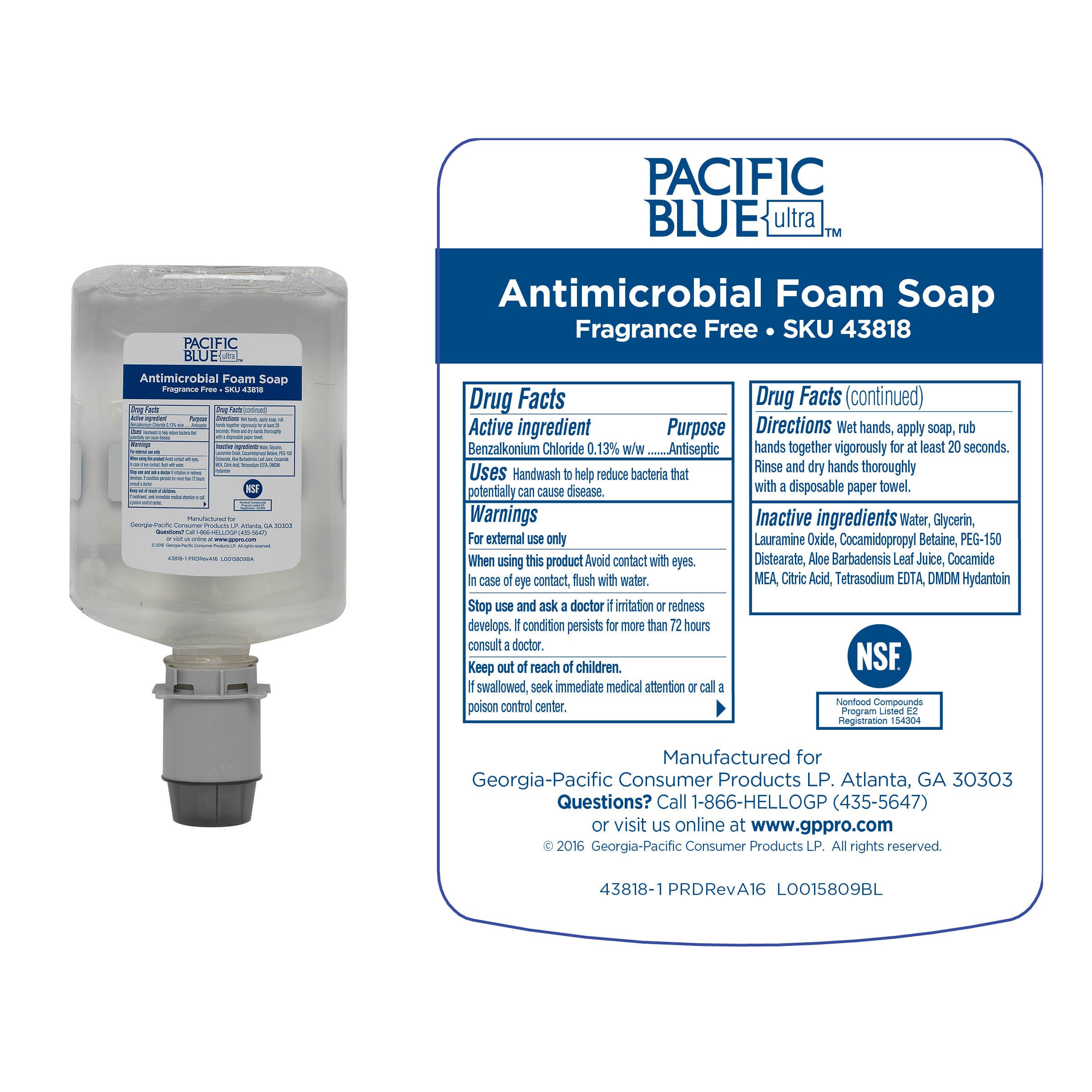 סבון ידיים מוקצף אנטי מיקרוביאלי PACIFIC BLUE ULTRA™ למתקנים ידניים מבית GP PRO, ללא צבע וניחוח, (4 בקבוקים של 1,200 mL סהכ 4,800 mL)