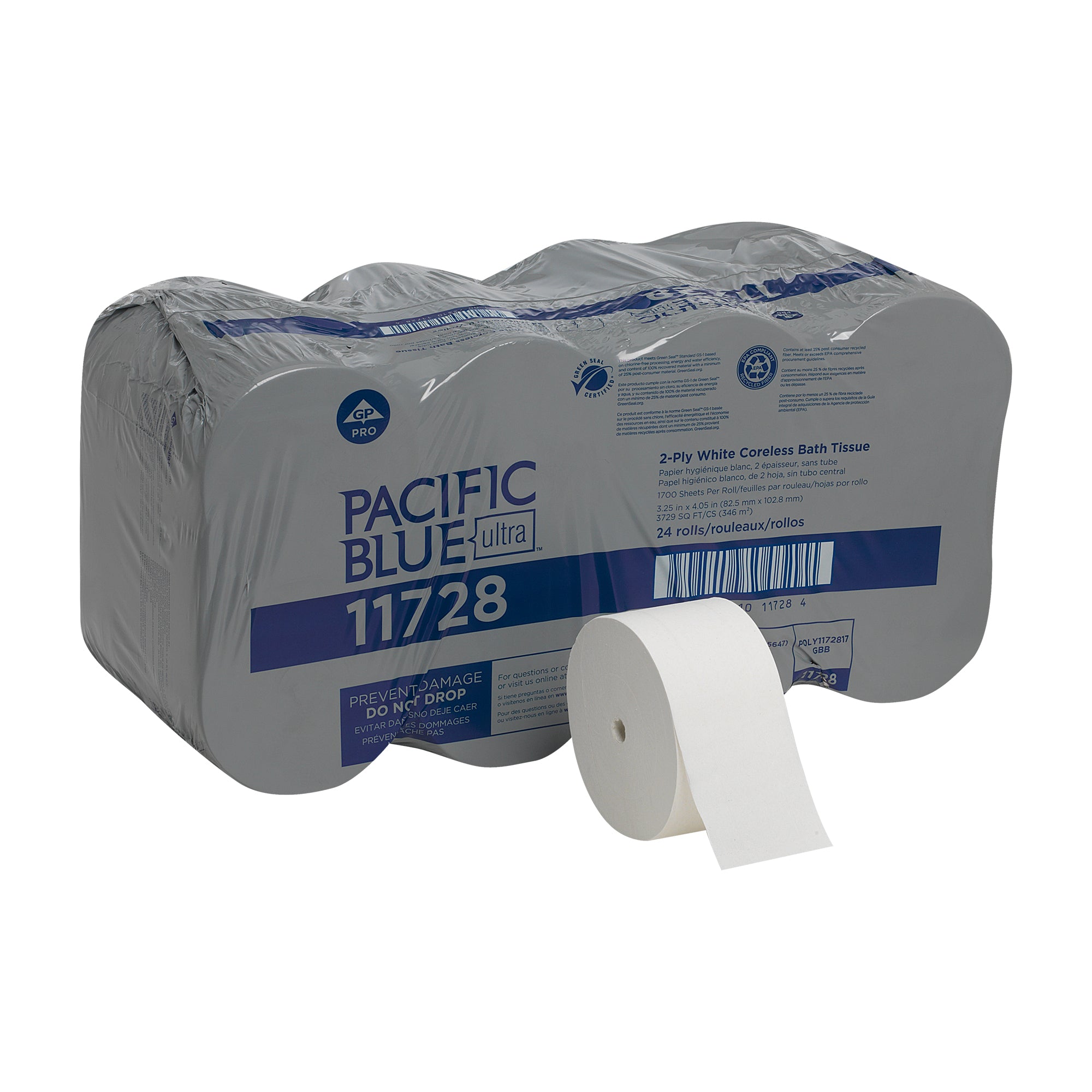 נייר טואלט דו שכבתי ללא ליבה PACIFIC BLUE ULTRA™ מבית GP PRO (ג'ורג'יה פסיפיק), לבן, (24 גלילים של 174.96 מטר סהכ 4198.92 מטר) 40800 גליונות למארז
