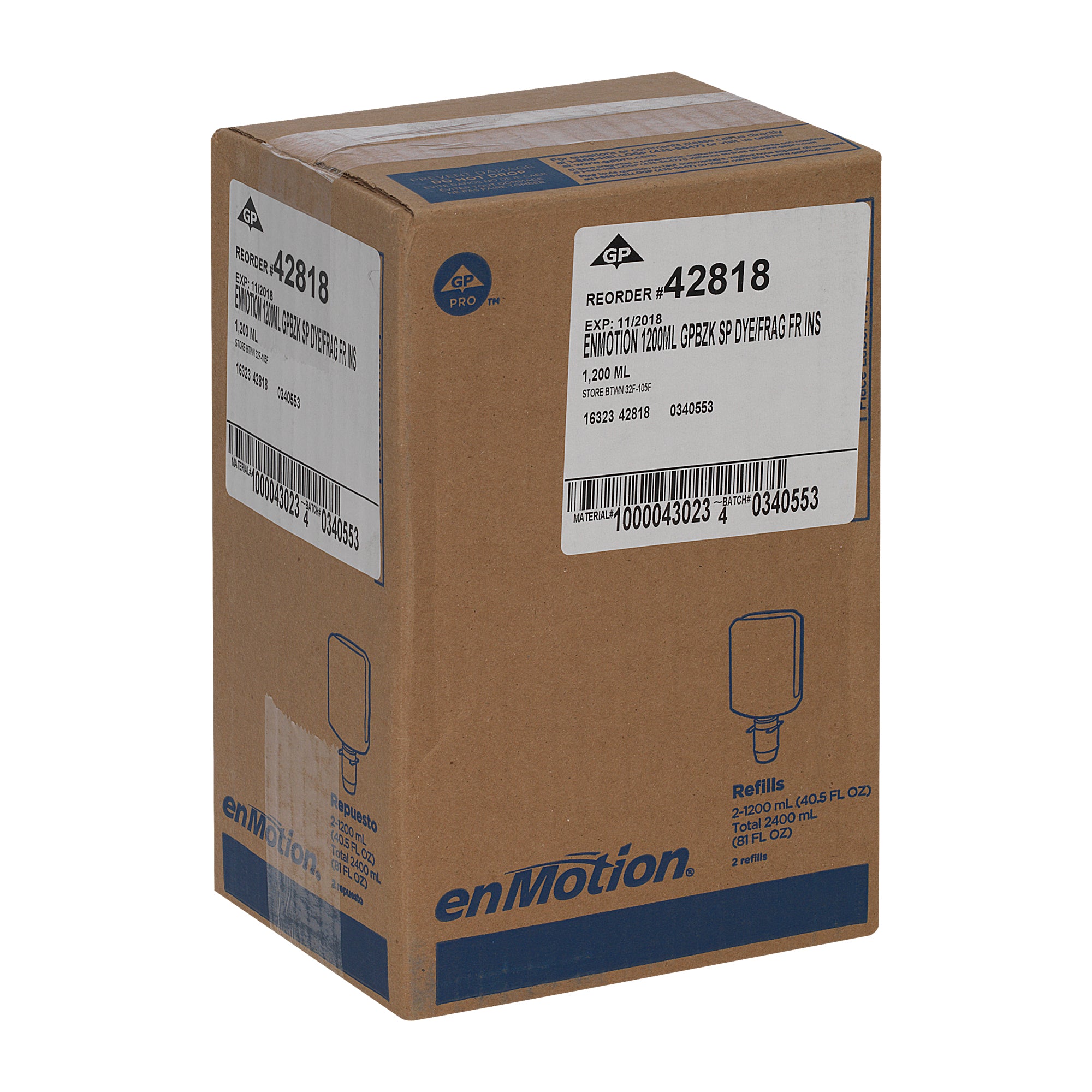סבון קצף אנטי-מיקרוביאלי בתוספת קרם לחות ENMOTION® GEN2 מבית GP PRO, נטול צבע וריח, (2 בקבוקים של 1,200 mL סהכ 2,400 mL), 6,000 שימושים