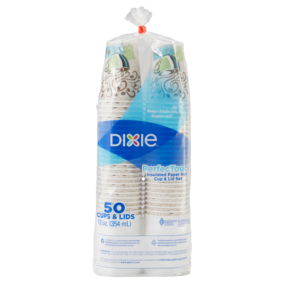 ערכות כוסות ומכסים קפה חם מנייר מבודד DIXIE® PERFECTOUCH® 12 OZ מבית GP PRO, קפה ערפל קפה, 300 כוסות ו -300 מכסים לכל מארז