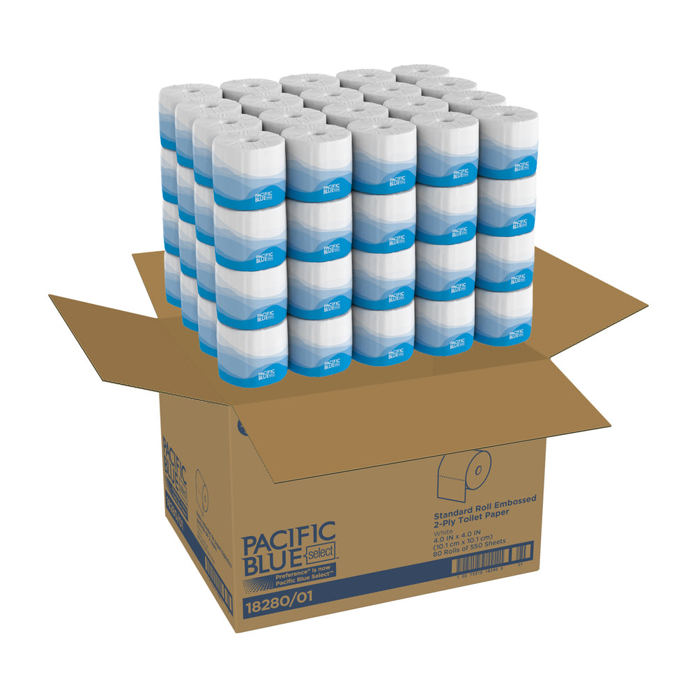 נייר טואלט דו-שכבתי מובלט בגליל רגיל PACIFIC BLUE SELECT™ מאת GP PRO (ג'ורג'יה פסיפיק), (80 גלילים של 55.78 מטרים סהכ 4462.27 מטרים) 44,000 גליונות למארז