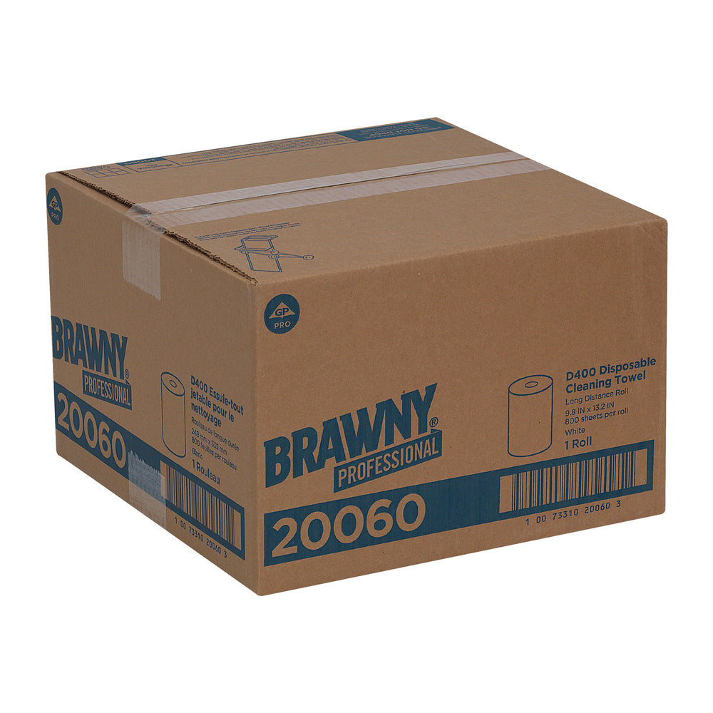 מגבות ניקוי חד פעמיות BRAWNY® PROFESSIONAL D400 מבית GP PRO (ג'ורג'יה-פסיפיק), לבן, גליל אחד ארוך במיוחד, (1 גליל של 274.85 מטר סהכ 274.85 מטר) 800 מגבות למארז