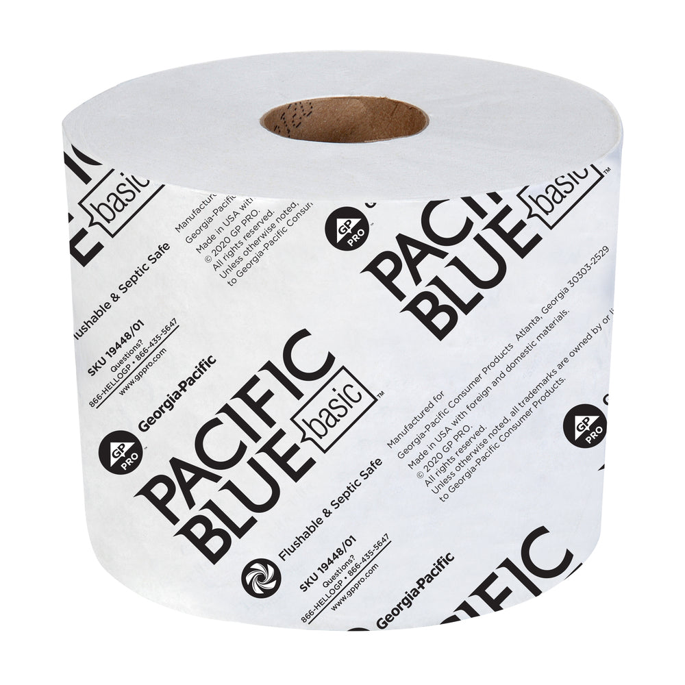 נייר טואלט גליל כפול סטנדרטי 4 אינץ' PACIFIC BLUE BASIC™ מבית GP PRO (ג'ורג'יה פסיפיק), (48 גלילים של 101.50 מטר סהכ 4871.92 מטר) 48000 גליונות למארז
