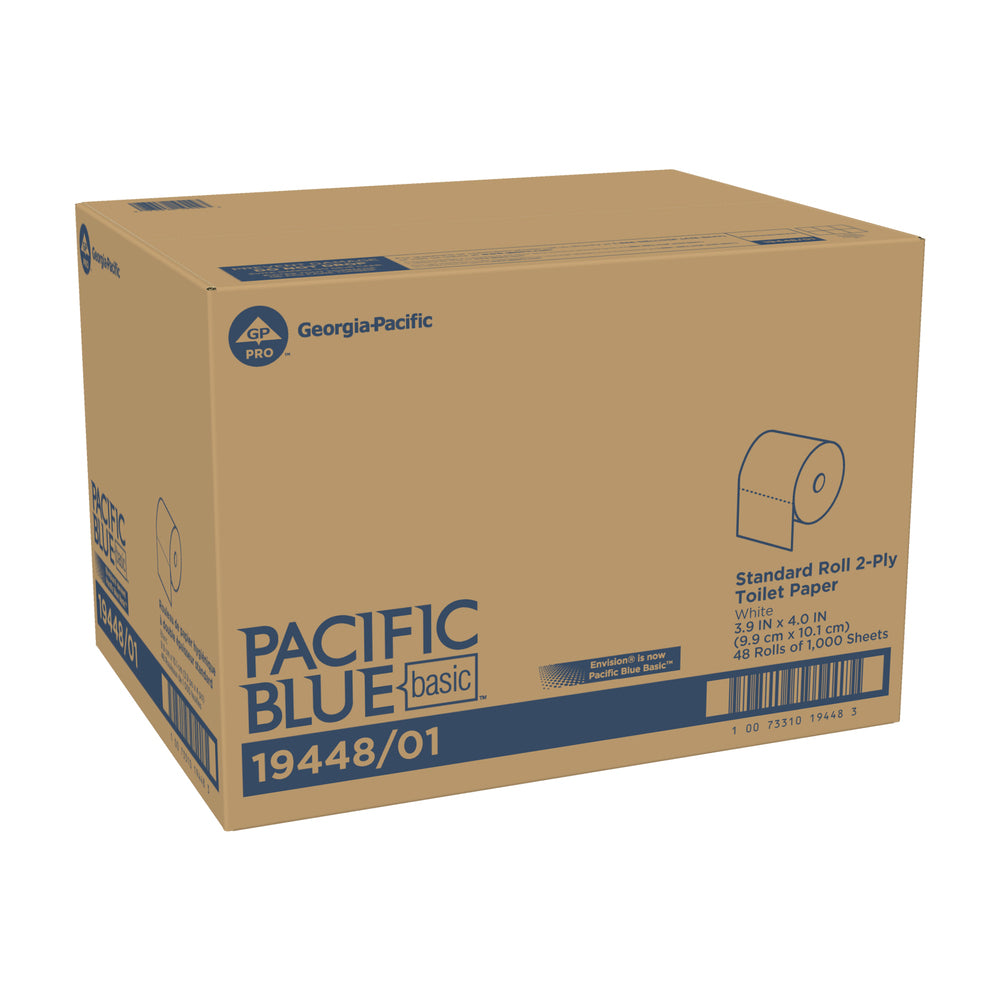 נייר טואלט גליל כפול סטנדרטי 4 אינץ' PACIFIC BLUE BASIC™ מבית GP PRO (ג'ורג'יה פסיפיק), (48 גלילים של 101.50 מטר סהכ 4871.92 מטר) 48000 גליונות למארז