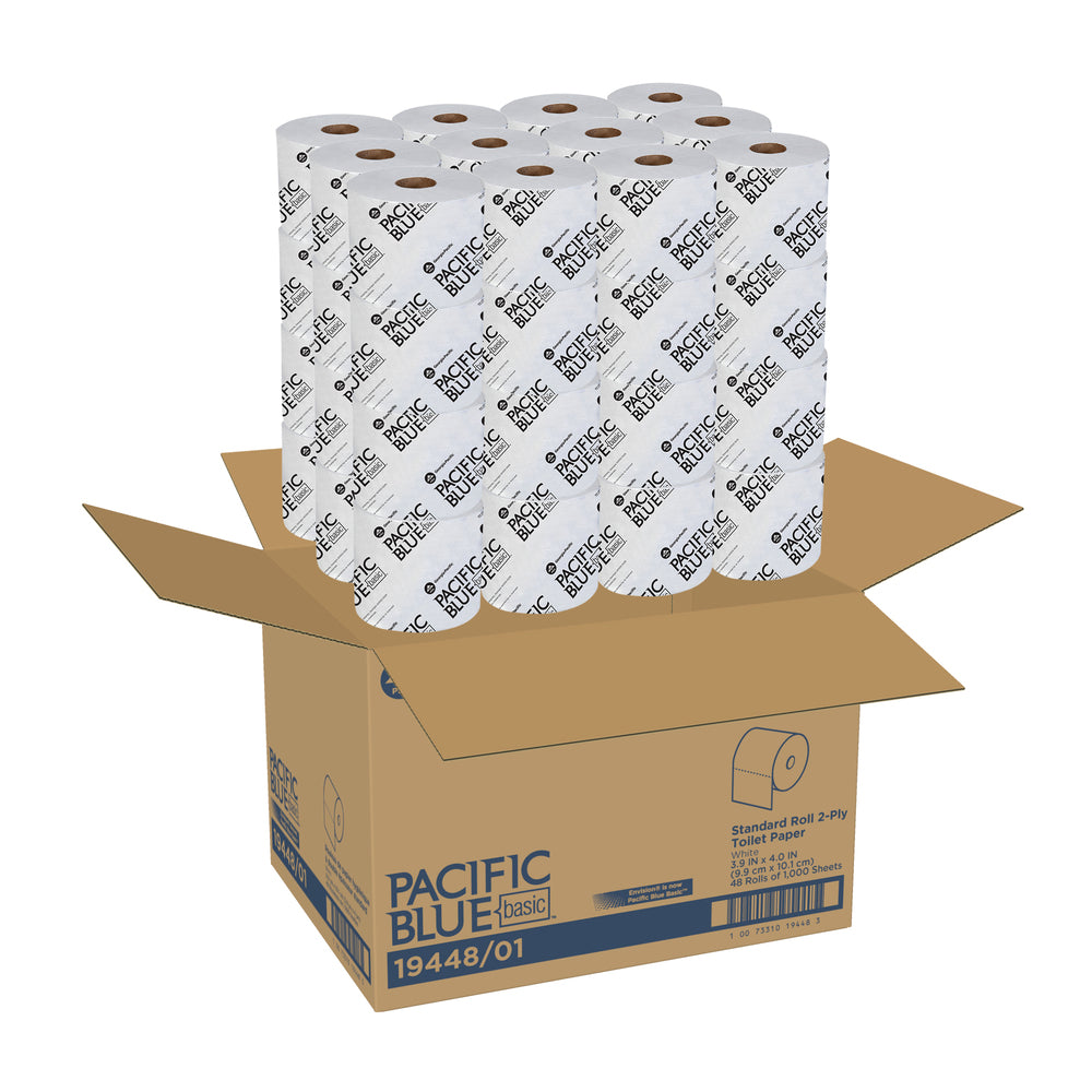 נייר טואלט גליל כפול סטנדרטי 4 אינץ' PACIFIC BLUE BASIC™ מבית GP PRO (ג'ורג'יה פסיפיק), (48 גלילים של 101.50 מטר סהכ 4871.92 מטר) 48000 גליונות למארז