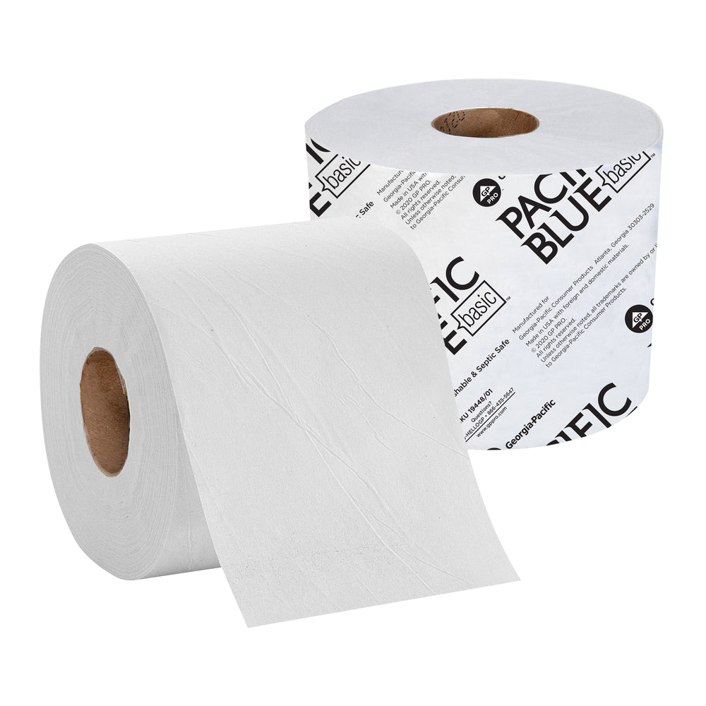 נייר טואלט גליל כפול סטנדרטי 4 אינץ' PACIFIC BLUE BASIC™ מבית GP PRO (ג'ורג'יה פסיפיק), (48 גלילים של 101.50 מטר סהכ 4871.92 מטר) 48000 גליונות למארז