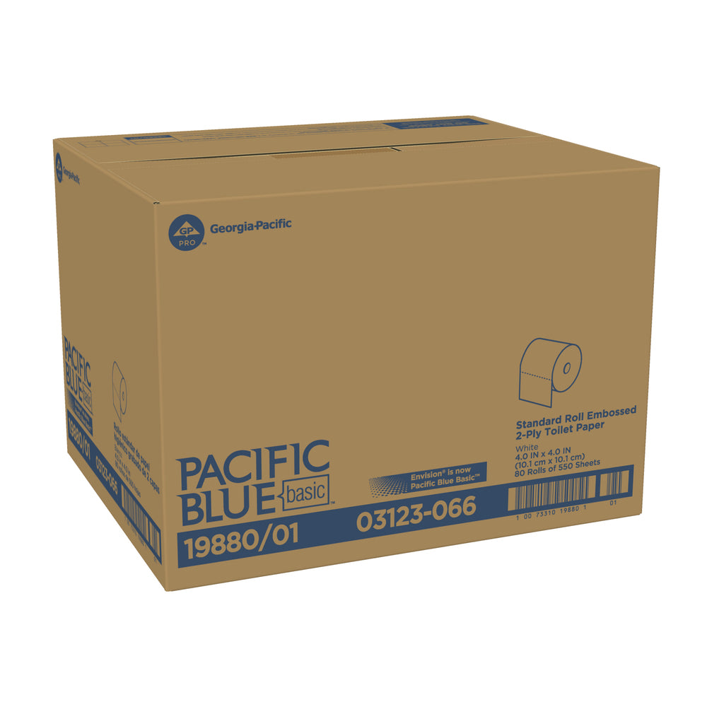 נייר טואלט דו-שכבתי עם גליל רגיל בסיסי PACIFIC BLUE BASIC™ מבית GP PRO (ג'ורג'יה פסיפיק), (80 גלילים של 55.78 מטר סהכ 4462.27 מטר) 44000 גליונות למארז