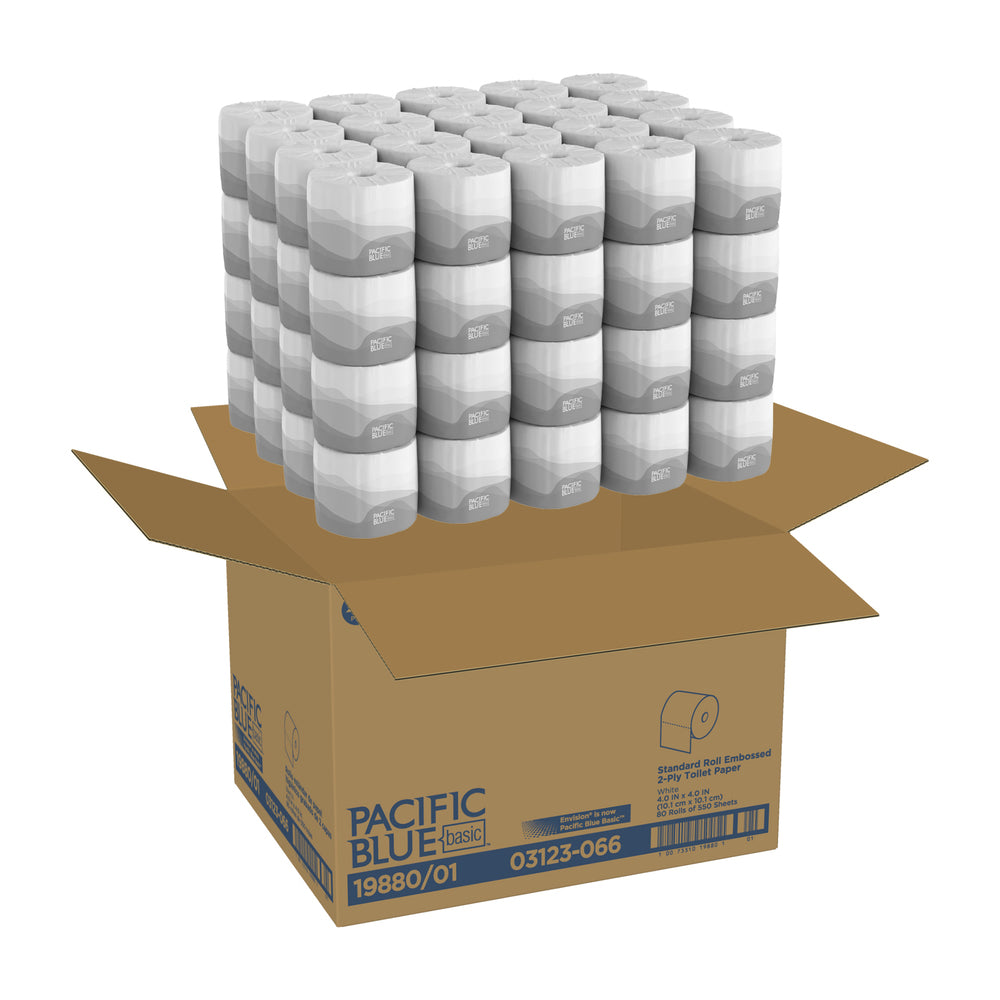 נייר טואלט דו-שכבתי עם גליל רגיל בסיסי PACIFIC BLUE BASIC™ מבית GP PRO (ג'ורג'יה פסיפיק), (80 גלילים של 55.78 מטר סהכ 4462.27 מטר) 44000 גליונות למארז