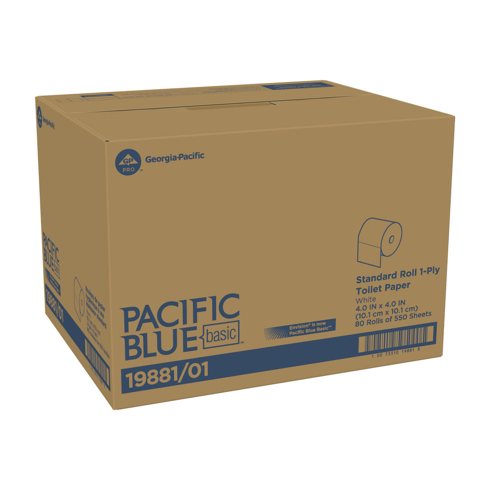 נייר טואלט סטנדרטי עם גליל חד שכבתי PACIFIC BLUE BASIC™ מבית GP PRO (ג'ורג'יה פסיפיק), (80 גלילים של 55.78 מטר סהכ 4462.27 מטר) 44000 גליונות למארז