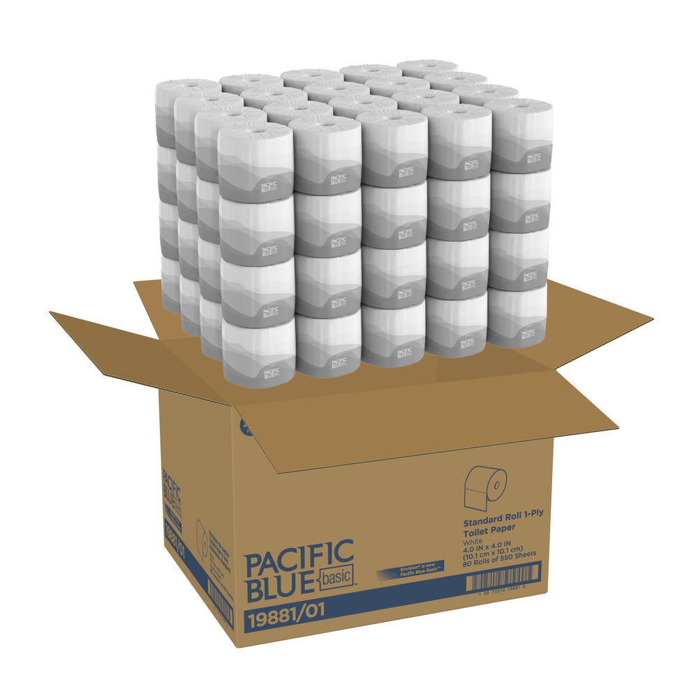 נייר טואלט סטנדרטי עם גליל חד שכבתי PACIFIC BLUE BASIC™ מבית GP PRO (ג'ורג'יה פסיפיק), (80 גלילים של 55.78 מטר סהכ 4462.27 מטר) 44000 גליונות למארז