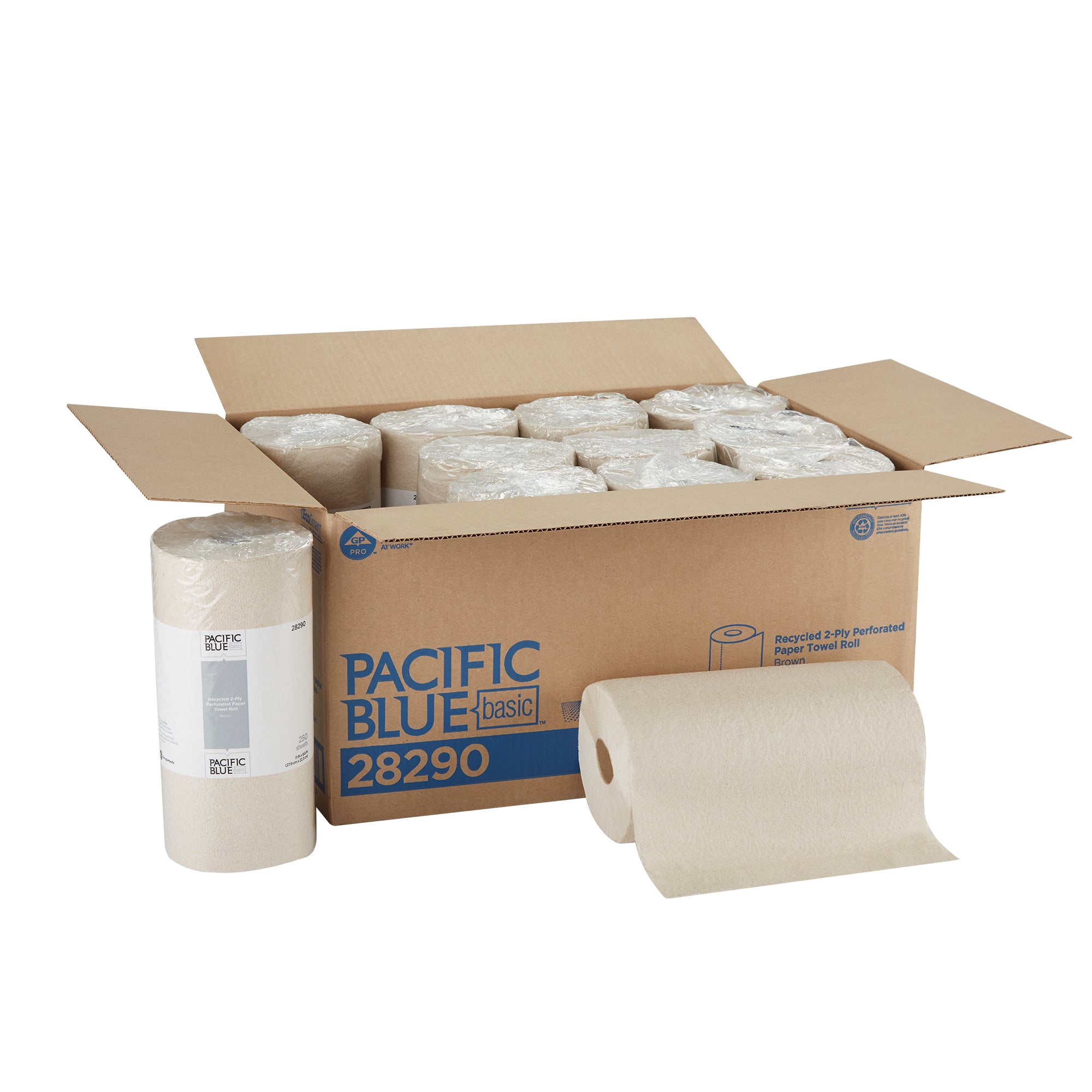מגבת גליל נייר מחוררת ממוחזרת דו שכבתית PACIFIC BLUE BASIC™ מבית GP PRO, חומה, (12 גלילים של 55.88 מטר סהכ 670.56 מטר) 3000 גליונות למארז