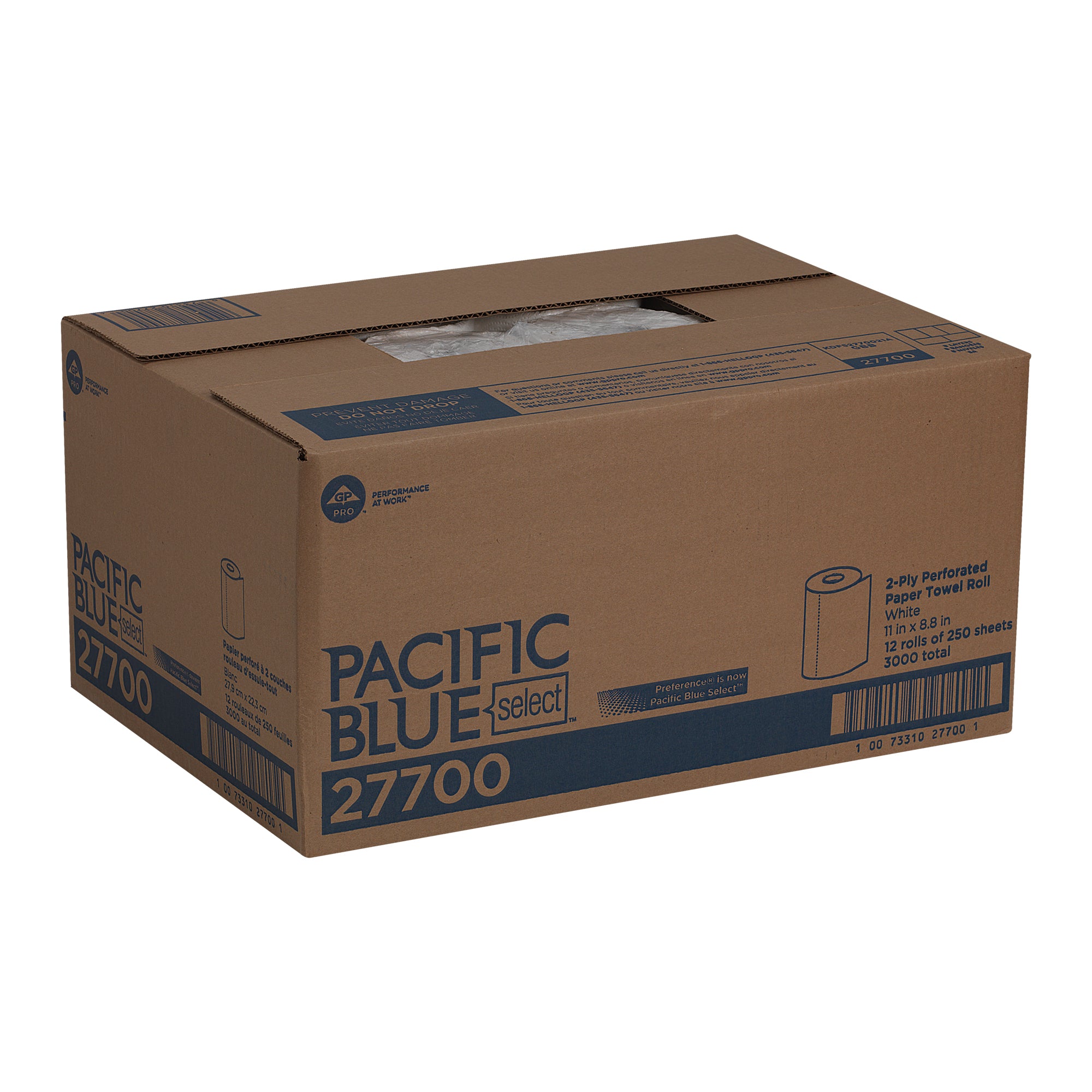 גליל מגבת נייר מחורר דו-שכבתי כחול PACIFIC BLUE BASIC™ של GP PRO, לבן, (12 גלילים של 55.88 מטרים סהכ 670.56 מטרים) 3,000 גליונות למארז