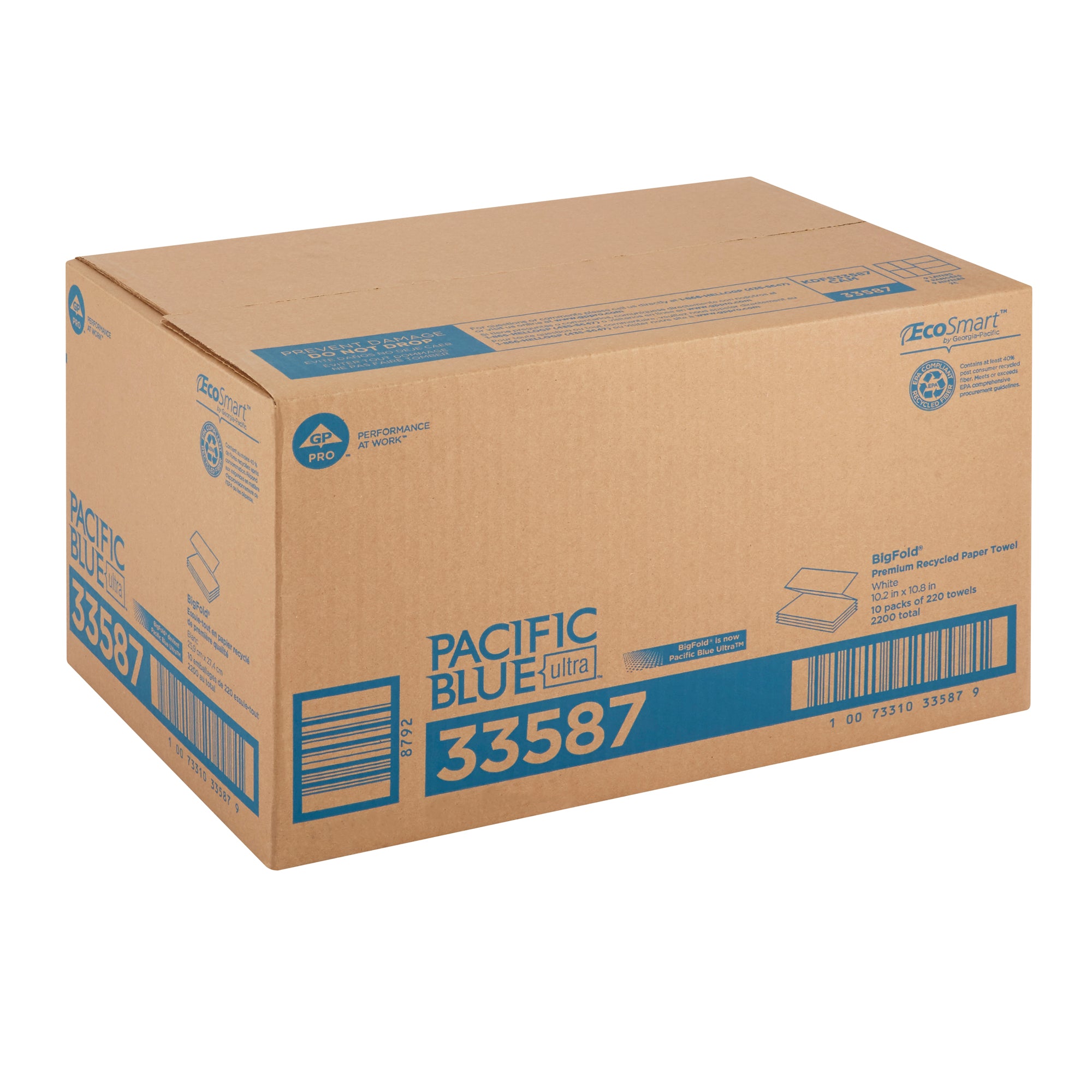 מגבות נייר ממוחזרות פרימיום Pacific Blue Ultra™ BIGFOLD®, לבן, 2,200 מגבות לכל מארז