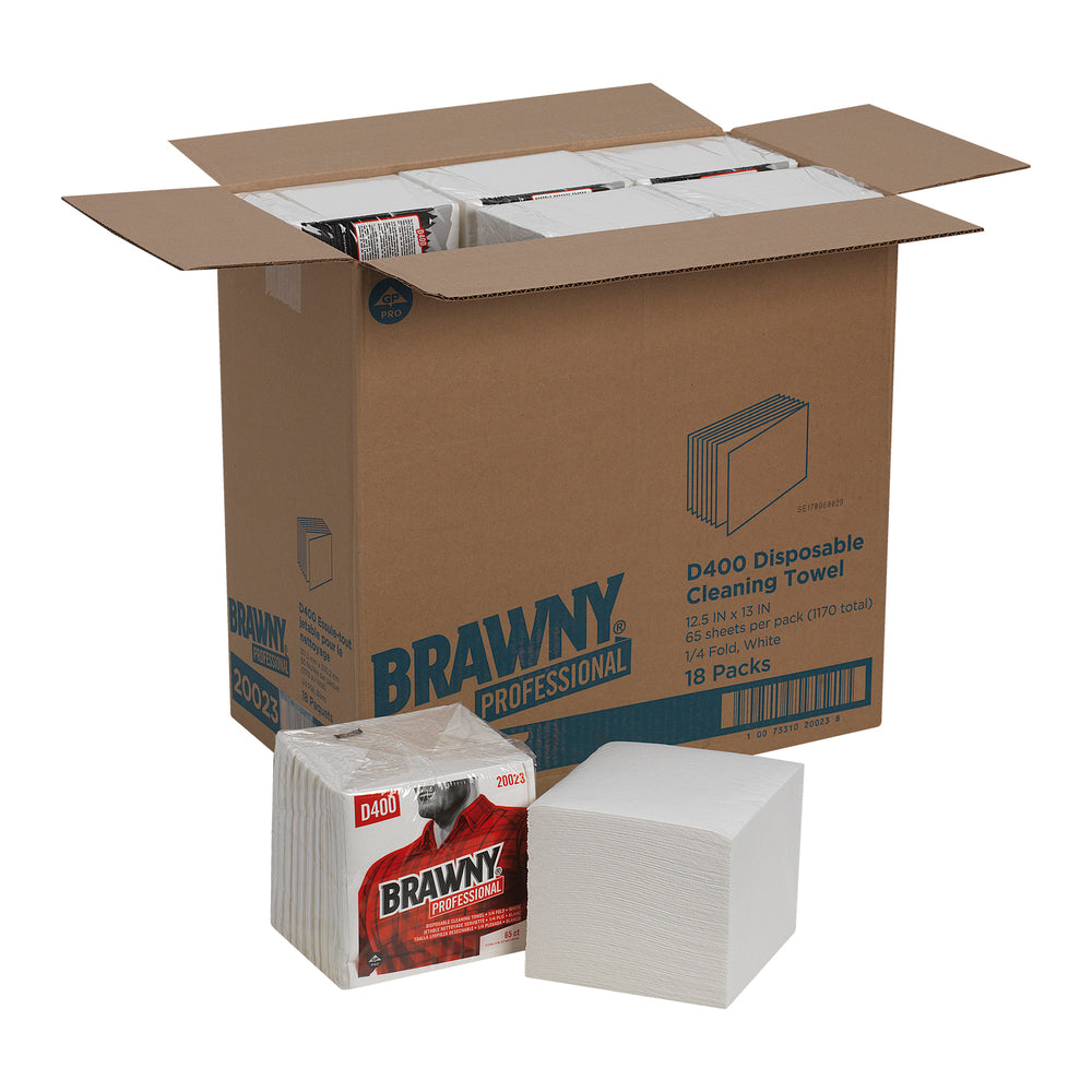 מגבות ניקוי חד פעמיות BRAWNY® PROFESSIONAL D400 מבית GP PRO (ג'ורג'יה פסיפיק), קיפול ¼, לבן, (18 חבילות של 65 מגבות סהכ 1170 מגבות)