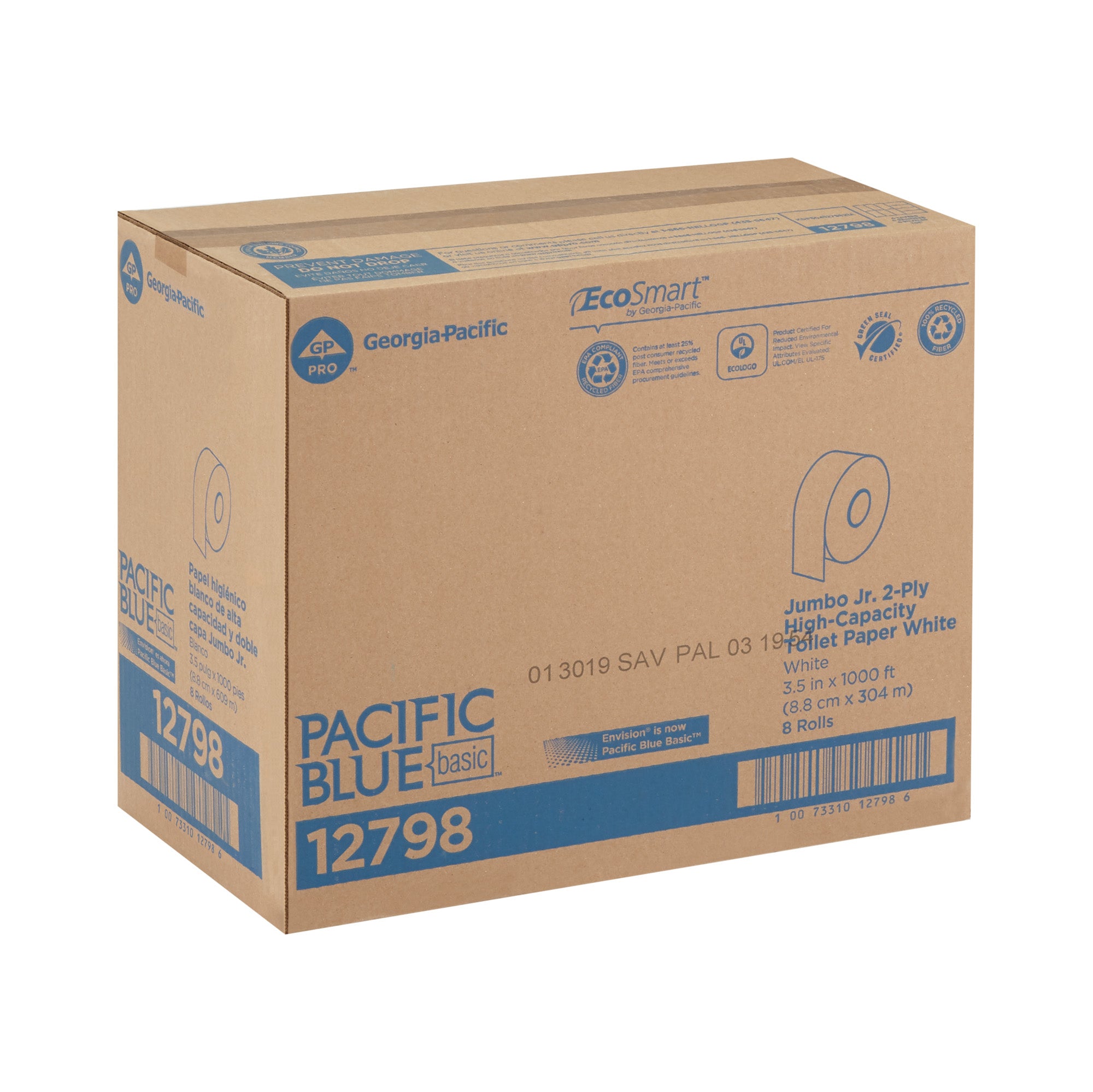 PACIFIC BLUE BASIC™ ג'מבו JR. נייר טואלט בעל קיבולת גבוהה דו-שכבתי, לבן, (8 גלילים של 304.80 מטרים סהכ 2,438.40 מטרים)