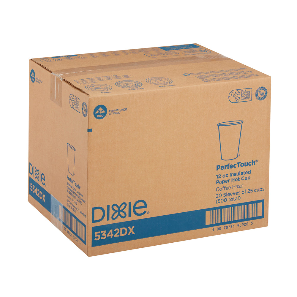 כוסות קפה חם מנייר מבודד DIXIE® PERFECTOUCH® 12 OZ מבית GP PRO (ג'ורג'יה פסיפיק), מתאימות למכסים גדולים, ערפל קפה, 500 כוסות לכל מארז