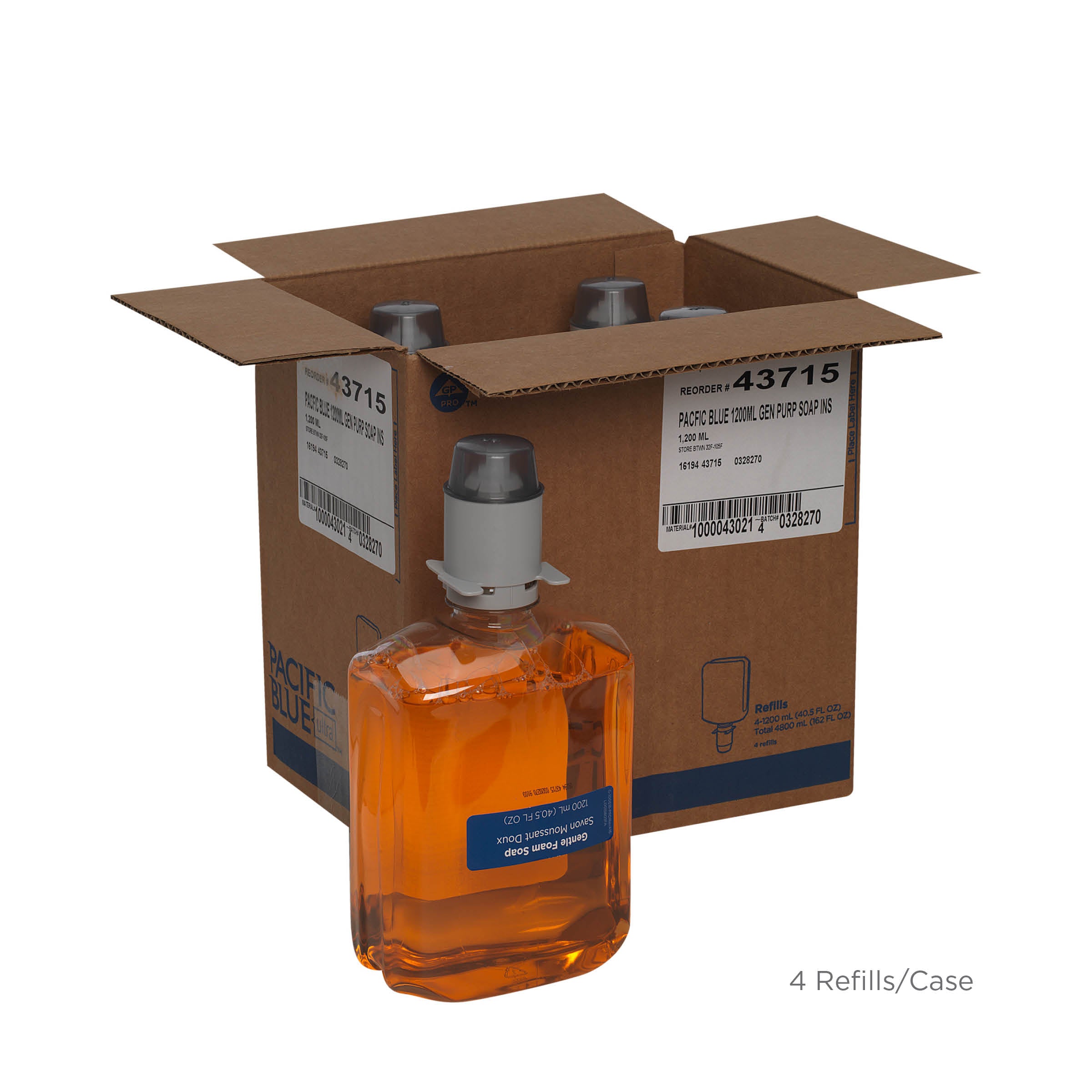 סבון ידיים מוקצף עדין PACIFIC BLUE ULTRA™ למתקנים ידניים מבית GP PRO (ג'ורג'יה פסיפיק), הדרים, (4 בקבוקים של 1,200 mL סהכ 4,800 mL)