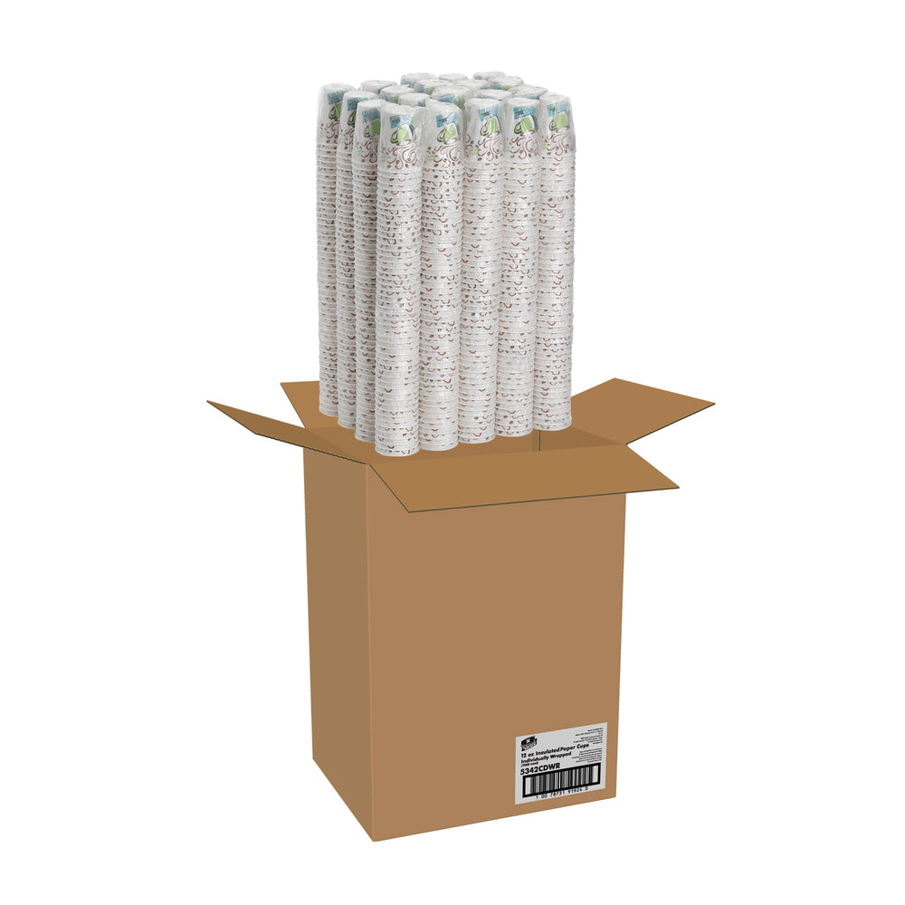 DIXIE® PERFECTOUCH® 12 OZ כוסות קפה חמות עטופות נייר מבודדות, מתאימות למכסים גדולים, עיצוב קפה, 1,000 כוסות/מארז