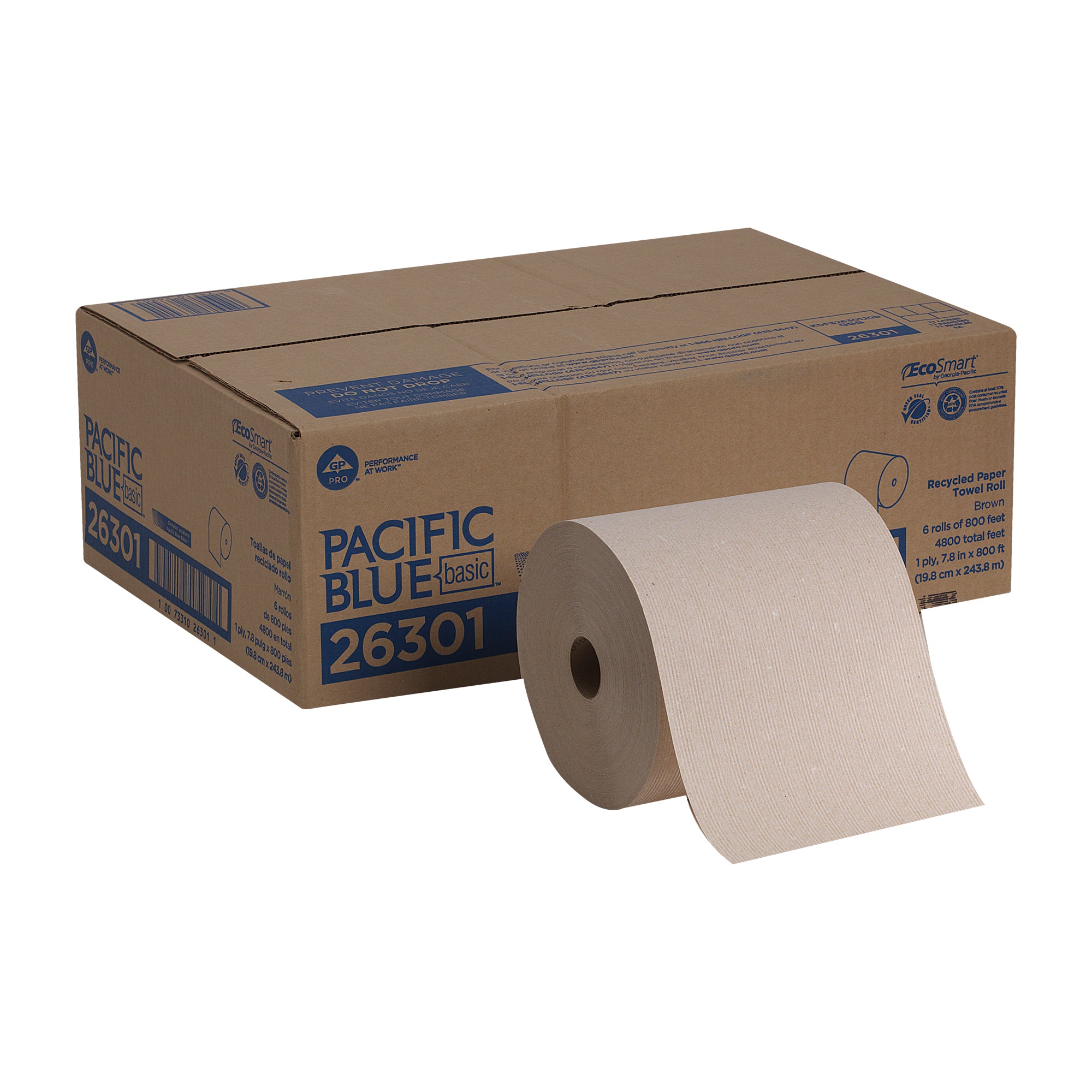 גליל מגבות נייר מפותל קשיח ממוחזר PACIFIC BLUE BASIC™ מבית GP PRO (ג'ורג'יה פסיפיק), חום, (6 גלילים של 243.84 מטרים סהכ 1,463.04 מטרים)