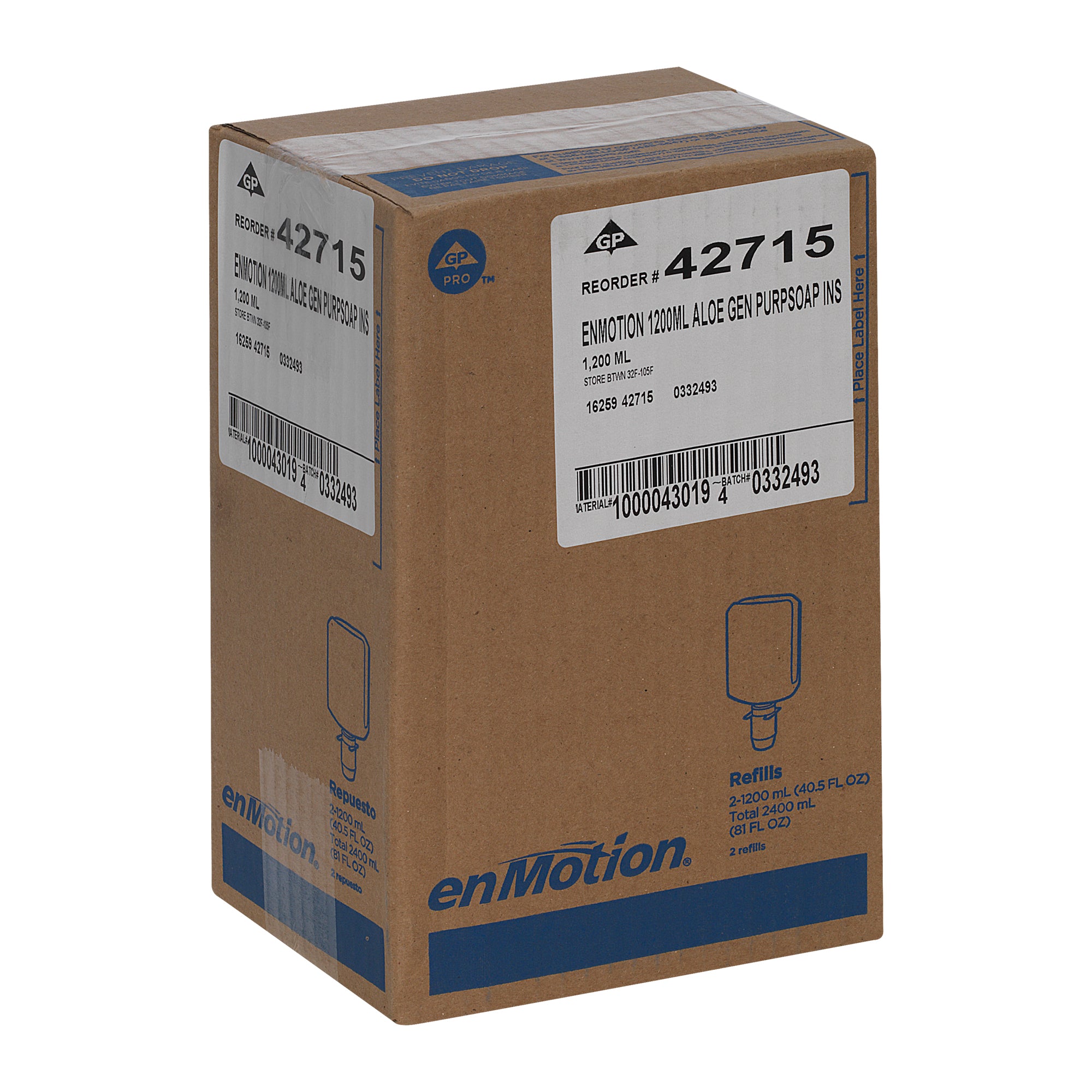 סבון קצף בתוספת קרם לחות ENMOTION® GEN2 מבית GP PRO (ג'ורג'יה פסיפיק), בריח אלוורה מרגיעה, (2 בקבוקים של 1,200 mL סהכ 2,400 mL), 6,000 שימושים