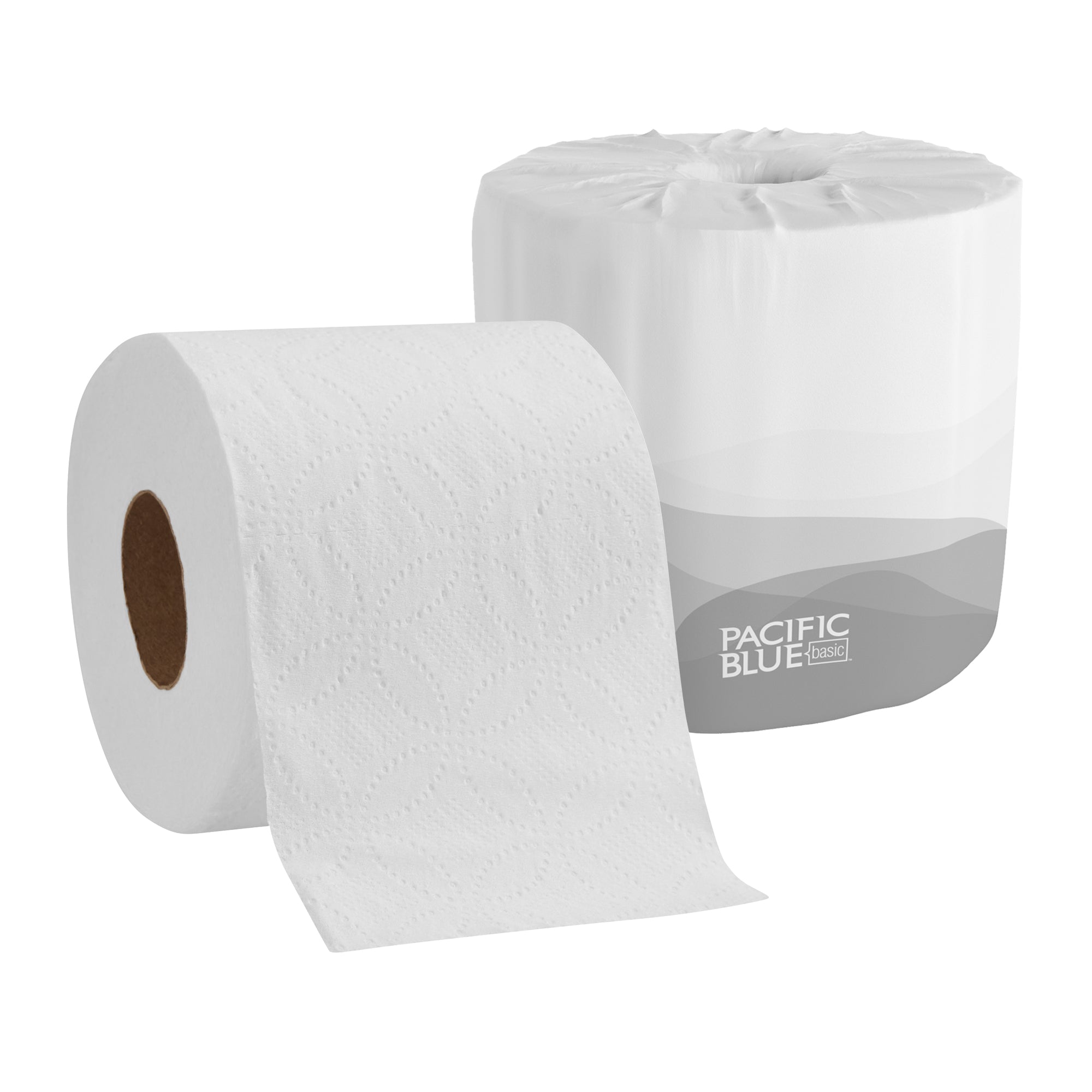 נייר טואלט דו-שכבתי עם גליל בסיסי PACIFIC BLUE BASIC™ מבית GP PRO (ג'ורג'יה פסיפיק), (80 גלילים של 48.77 מטרים סהכ 3901.44 מטרים) 44,000 גליונות למארז