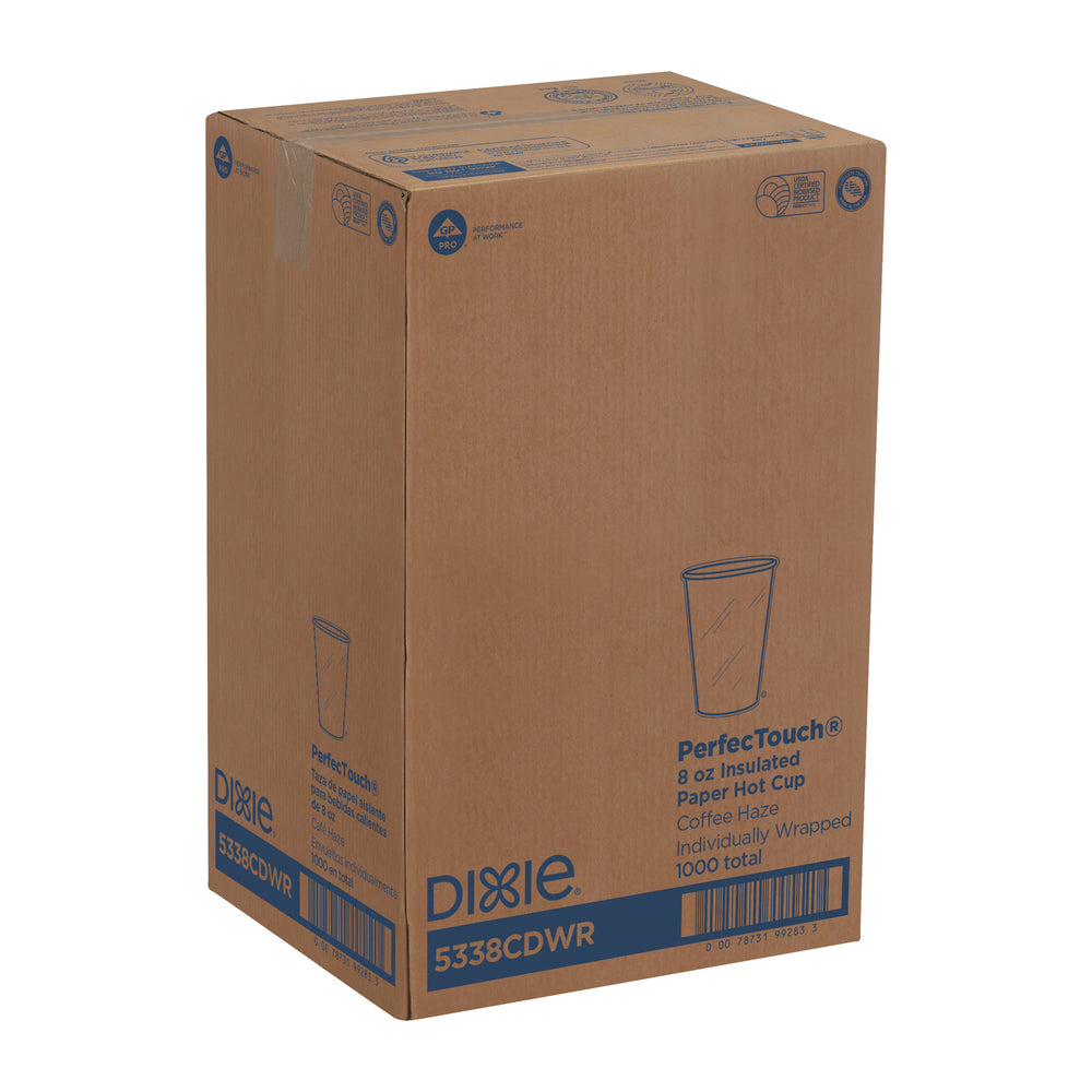 DIXIE® PERFECTOUCH® 8 OZ כוסות קפה חמות מנייר מבודדות עטופות בנפרד, מתאימות למכסים קטנים, ערפל קפה, 1,000 כוסות/מארז