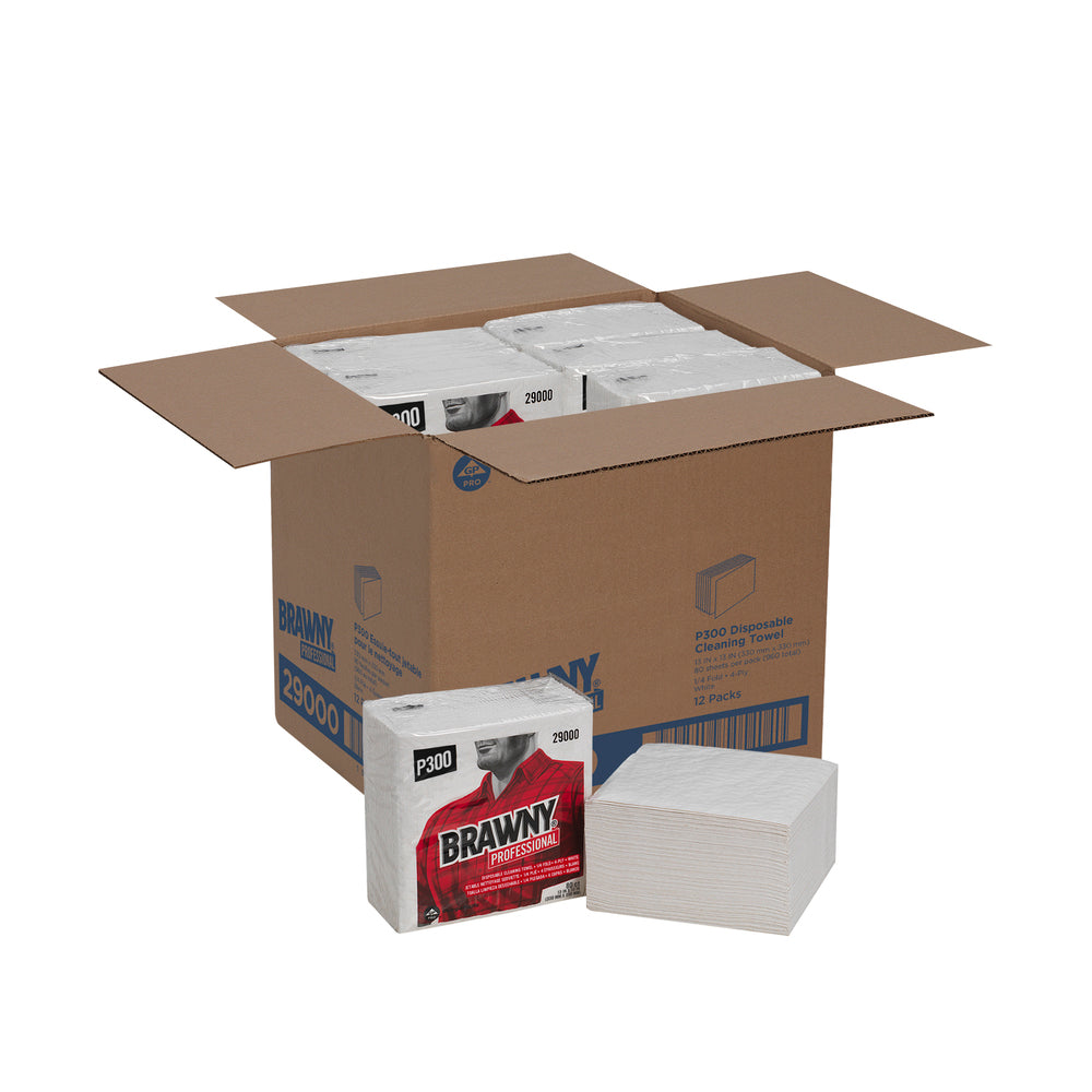 מגבות ניקוי חד פעמיות BRAWNY® PROFESSIONAL P300 מבית GP PRO (ג'ורג'יה פסיפיק), קיפול ¼, לבן, (12 חבילות של 80 מגבות סהכ 960 מגבות)