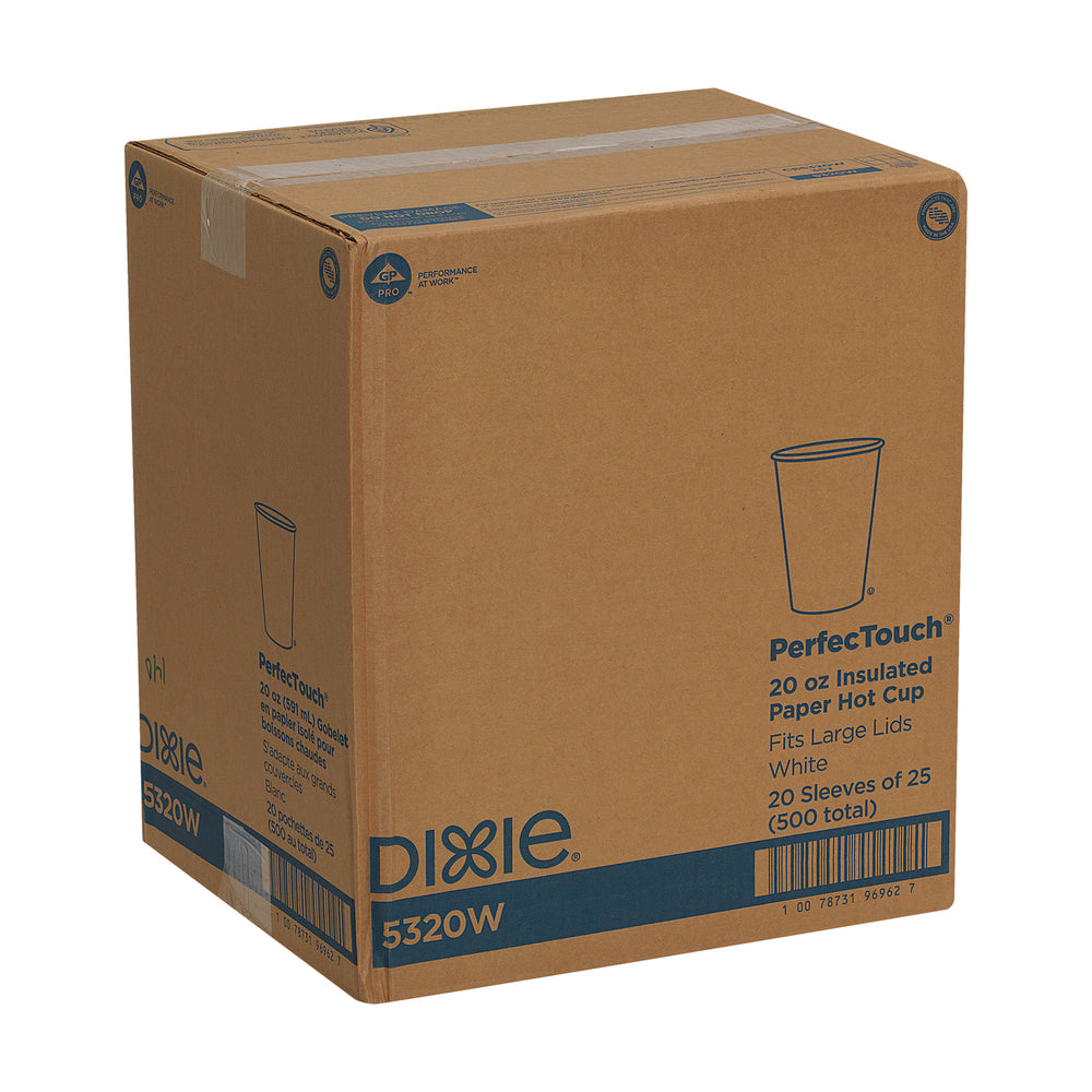 כוסות קפה חם מנייר מבודד DIXIE® PERFECTOUCH® 20 OZ מבית GP PRO (ג'ורג'יה פסיפיק), מתאימות למכסים גדולים, לבן, 500 כוסות לכל מארז, ( 20 שרוולים של 25 מכסים )