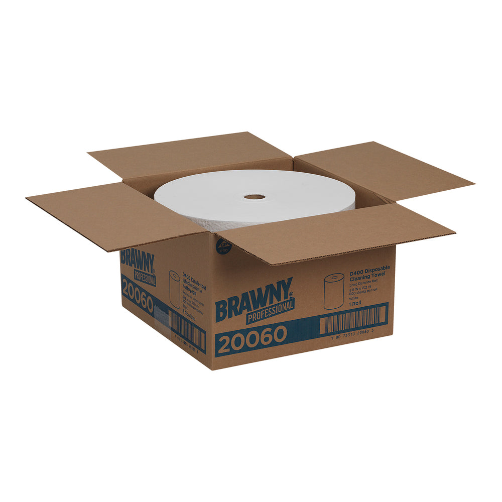 מגבות ניקוי חד פעמיות BRAWNY® PROFESSIONAL D400 מבית GP PRO (ג'ורג'יה-פסיפיק), לבן, גליל אחד ארוך במיוחד, (1 גליל של 274.85 מטר סהכ 274.85 מטר) 800 מגבות למארז