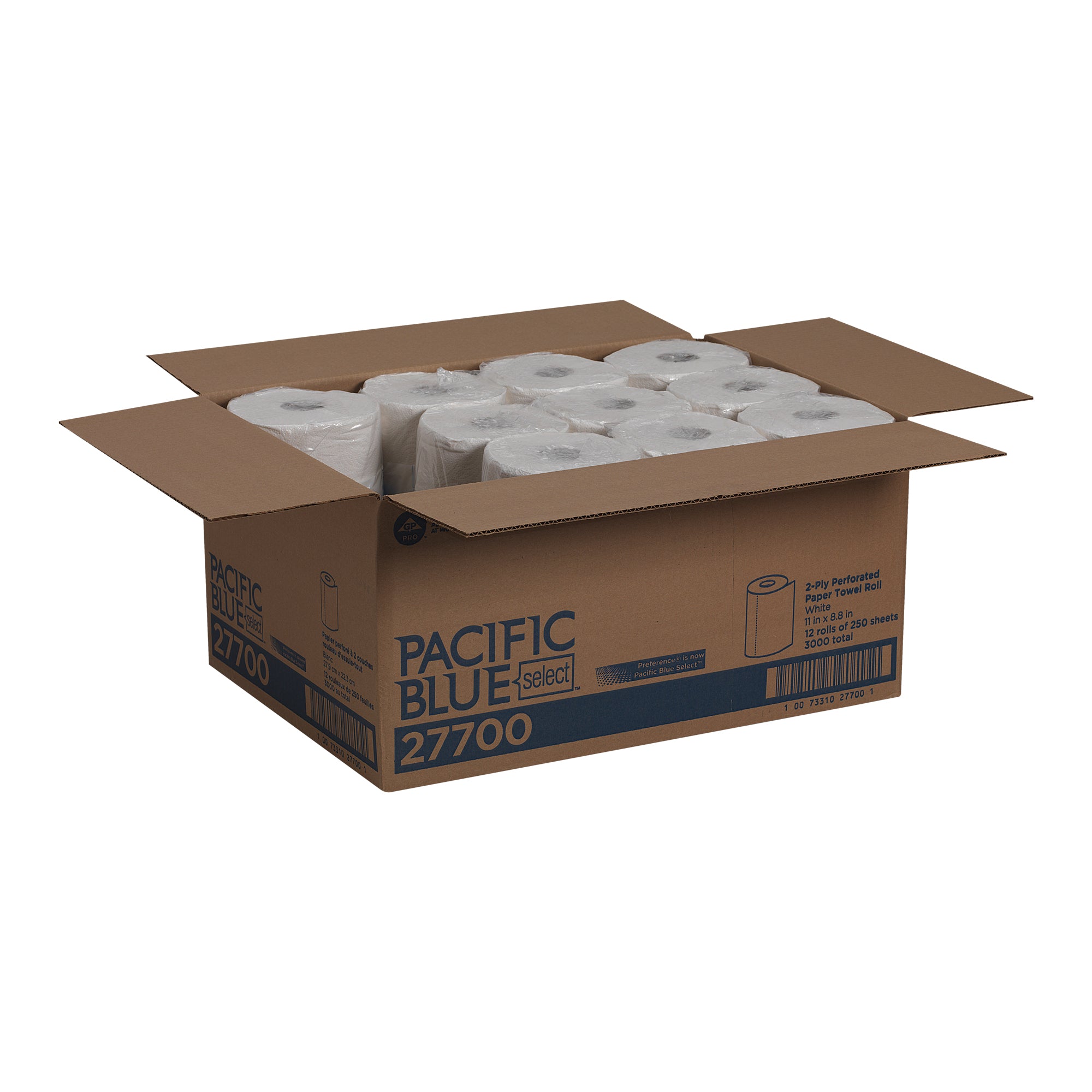 גליל מגבת נייר מחורר דו-שכבתי כחול PACIFIC BLUE BASIC™ של GP PRO, לבן, (12 גלילים של 55.88 מטרים סהכ 670.56 מטרים) 3,000 גליונות למארז