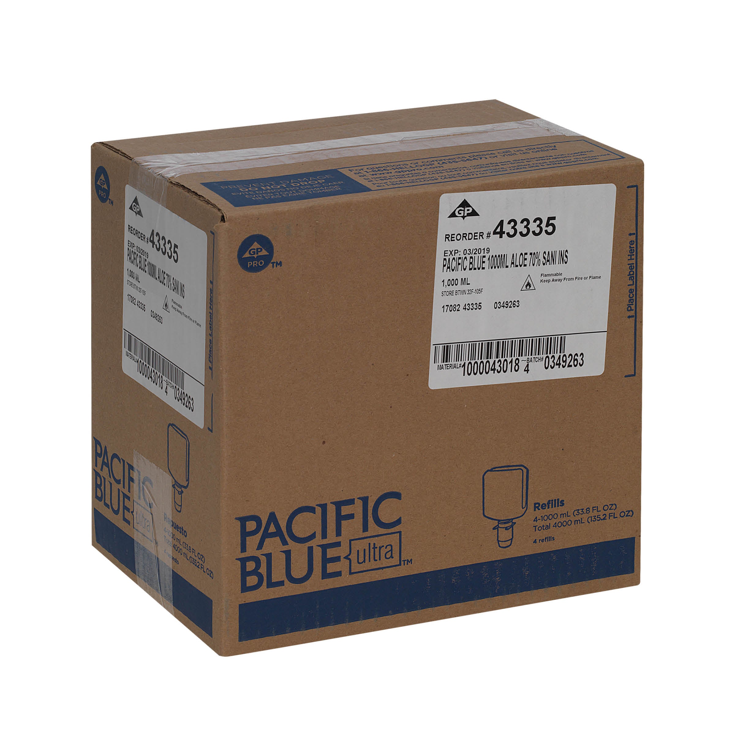 חיטוי ידיים מוקצף PACIFIC BLUE ULTRA™ למתקנים ידניים מבית GP PRO, ללא צבע וניחוח, (4 בקבוקים של 1000 mL סהכ 4000 mL)