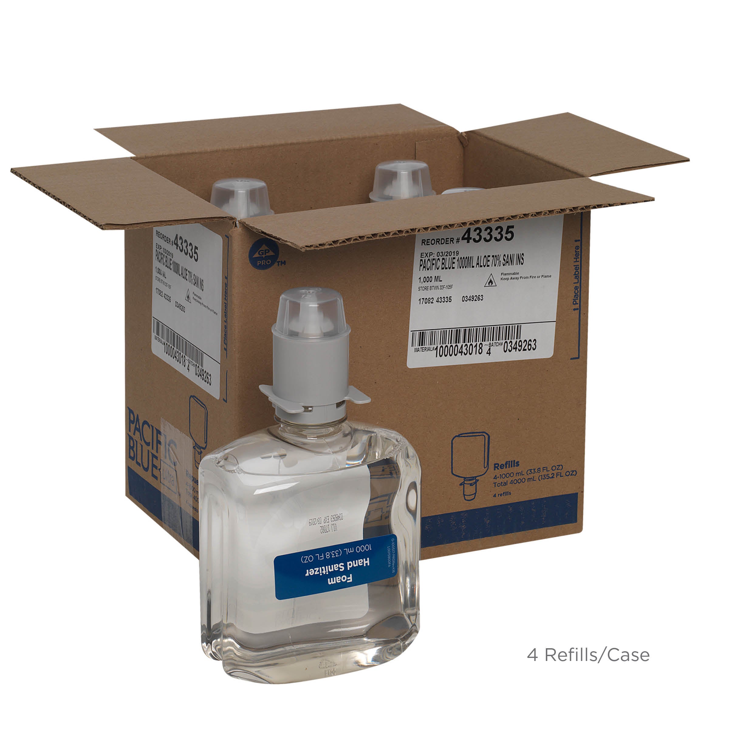חיטוי ידיים מוקצף PACIFIC BLUE ULTRA™ למתקנים ידניים מבית GP PRO, ללא צבע וניחוח, (4 בקבוקים של 1000 mL סהכ 4000 mL)