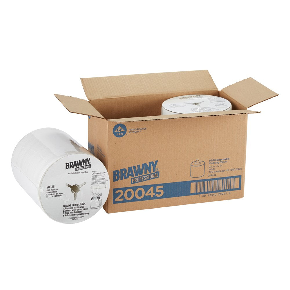 מגבות ניקוי חד פעמיות BRAWNY® PROFESSIONAL D300 מבית GP PRO, מילוי לדלי מרכזי 20040, לבן, (2 גלילים של 272.42 מטרים סהכ 544.83 מטרים) 600 מגבות למארז