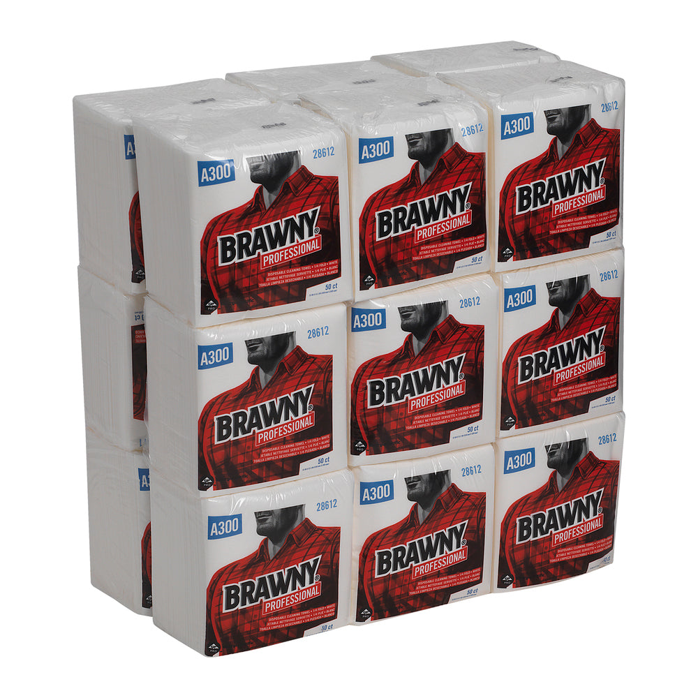 מגבת ניקוי חד פעמית GP PRO BRAWNY מקצועית A300, קיפול 1/4, לבן, (18 חבילות של 50 סהכ 900 מגבות)