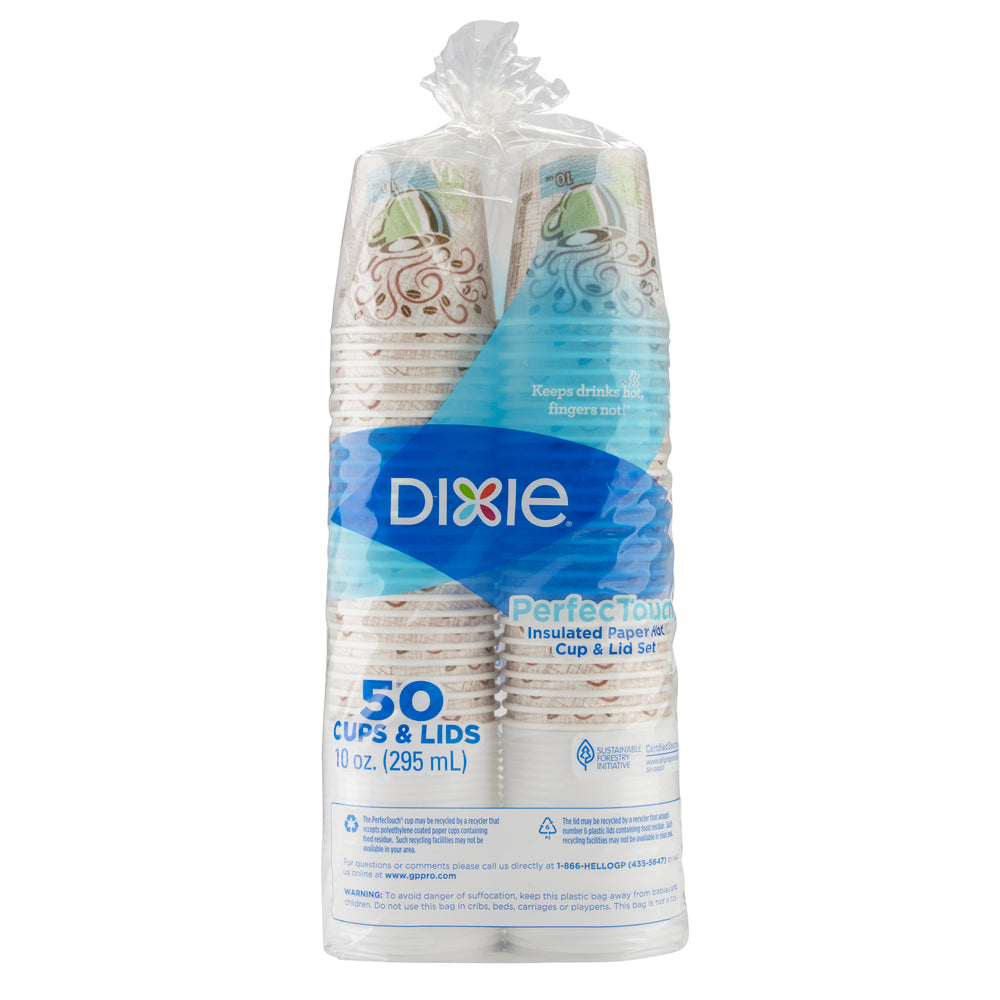 ערכות כוסות ומכסים קפה חם מנייר מבודד DIXIE® PERFECTOUCH® 10 OZ מבית GP PRO, קפה ערפל קפה, 300 כוסות ו -300 מכסים לכל מארז