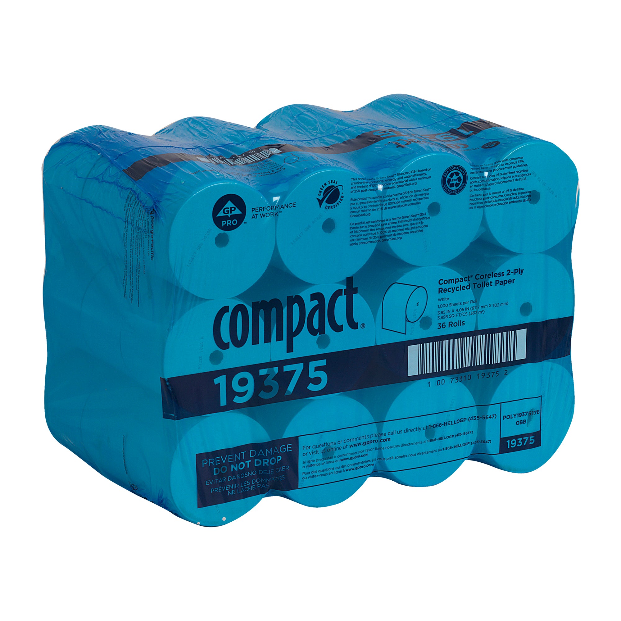 נייר טואלט ממוחזר דו-שכבתי Compact® ללא ליבות מבית GP PRO (ג'ורג'יה פסיפיק), (36 גלילים של 101.60 מטרים סהכ 3657.60 מטרים) 36,000 גליונות למארז