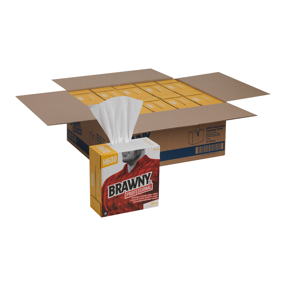 מגבות ניקוי חד פעמיות BRAWNY® PROFESSIONAL H600 מבית GP PRO (ג'ורג'יה פסיפיק), קופסה גבוהה, לבן, (10 קופסאות של 200 מגבות סהכ 2,000 מגבות)
