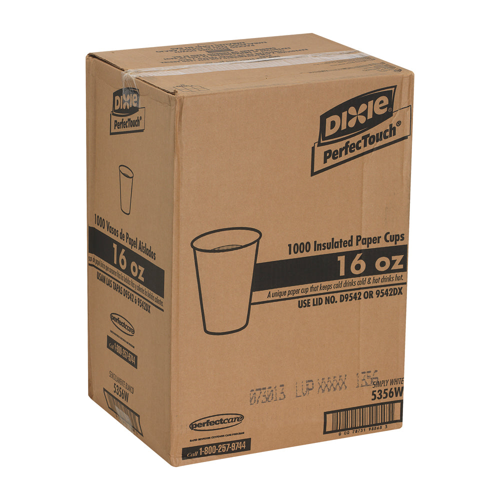 כוסות קפה חם מנייר מבודד DIXIE® PERFECTOUCH® 16 OZ מבית GP PRO (ג'ורג'יה פסיפיק), מתאימות למכסים גדולים, לבן, 1,000 כוסות לכל מארז
