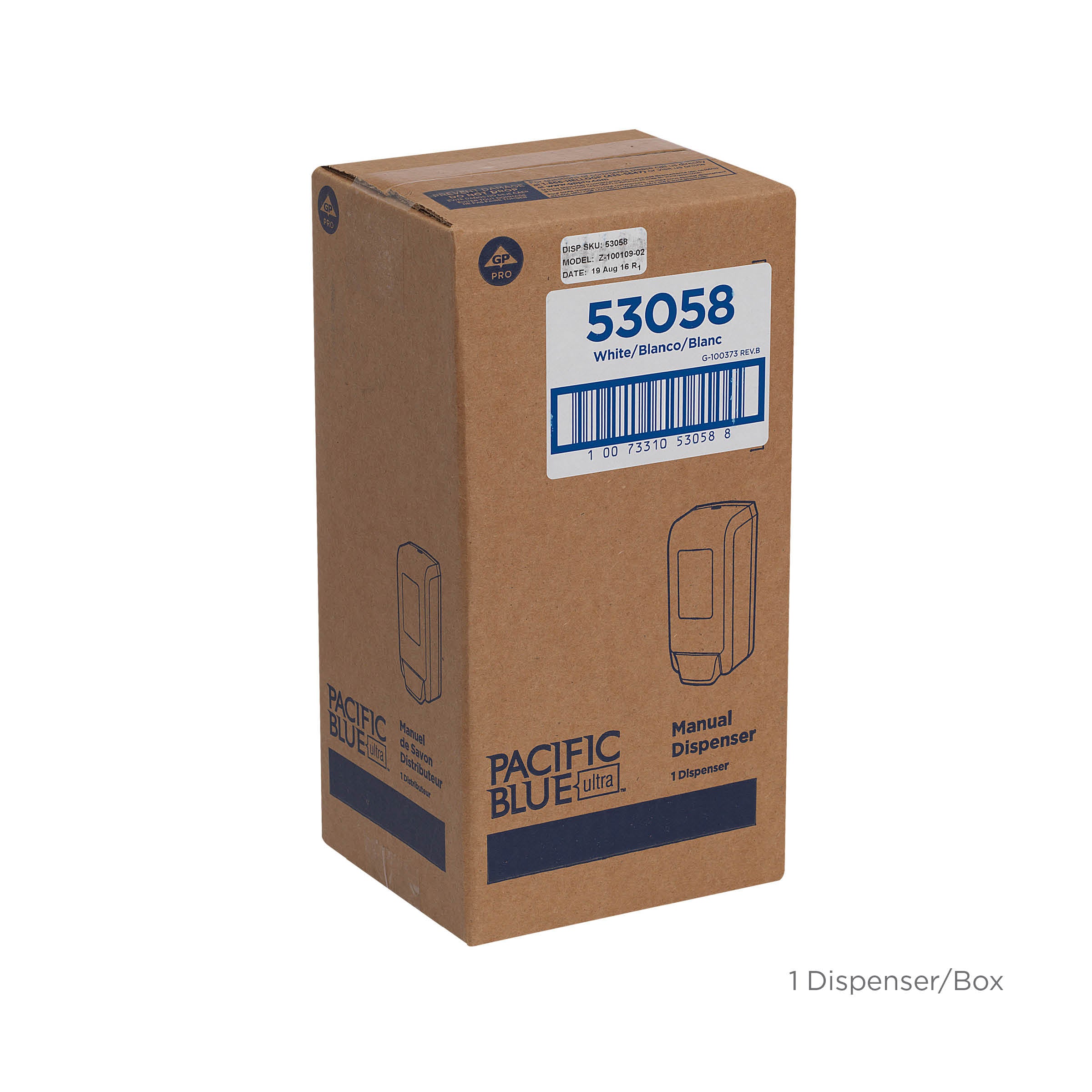 מתקן ידני המותקן על הקיר PACIFIC BLUE ULTRA™ לסבון ידיים מוקצף וחיטוי ידיים מאת GP PRO (ג'ורג'יה פסיפיק), לבן