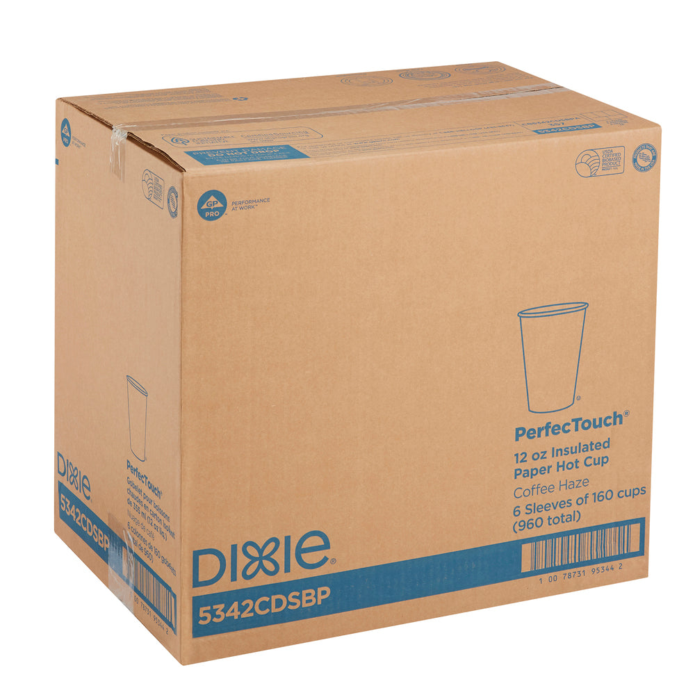 כוסות קפה חם מנייר מבודד DIXIE® PERFECTOUCH® 12 OZ מבית GP PRO (ג'ורג'יה פסיפיק), מתאימות למכסים גדולים, ערפל קפה, 960 כוסות לכל מארז